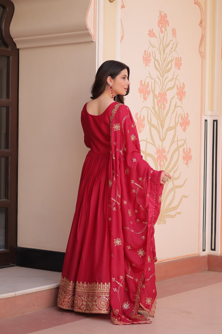 Rani pink star georgette zari sequins embroidered gown with dupatta