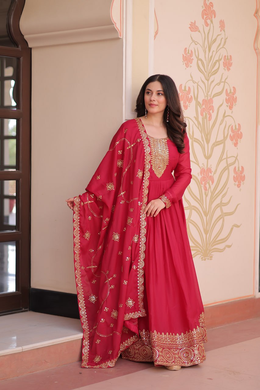 Rani pink star georgette zari sequins embroidered gown with dupatta