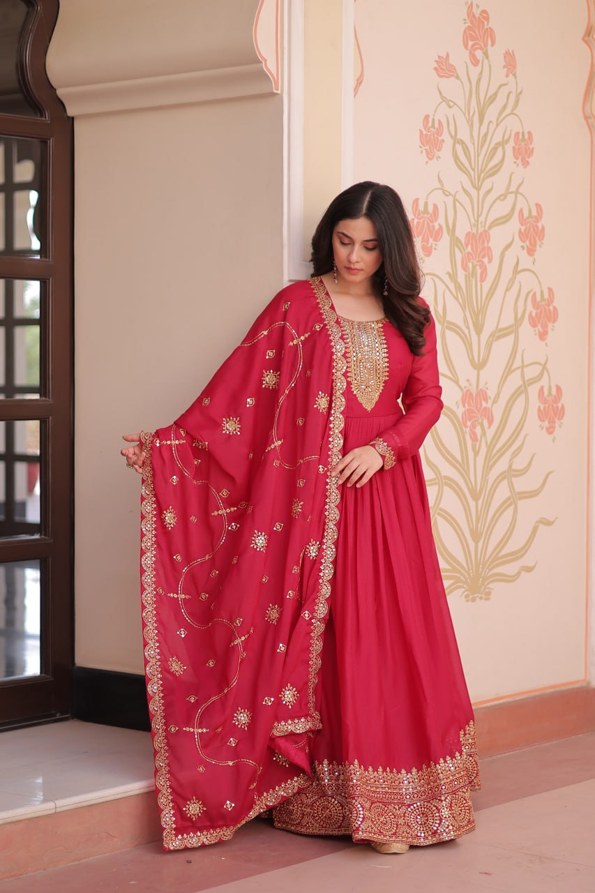 Rani pink star georgette zari sequins embroidered gown with dupatta