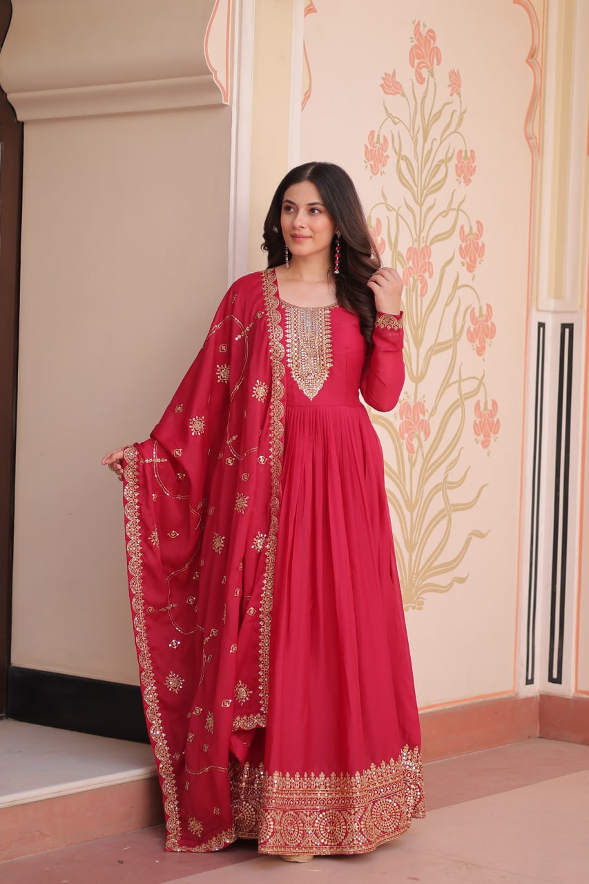 Rani pink star georgette zari sequins embroidered gown with dupatta