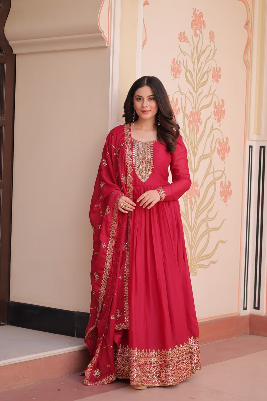 Rani pink star georgette zari sequins embroidered gown with dupatta