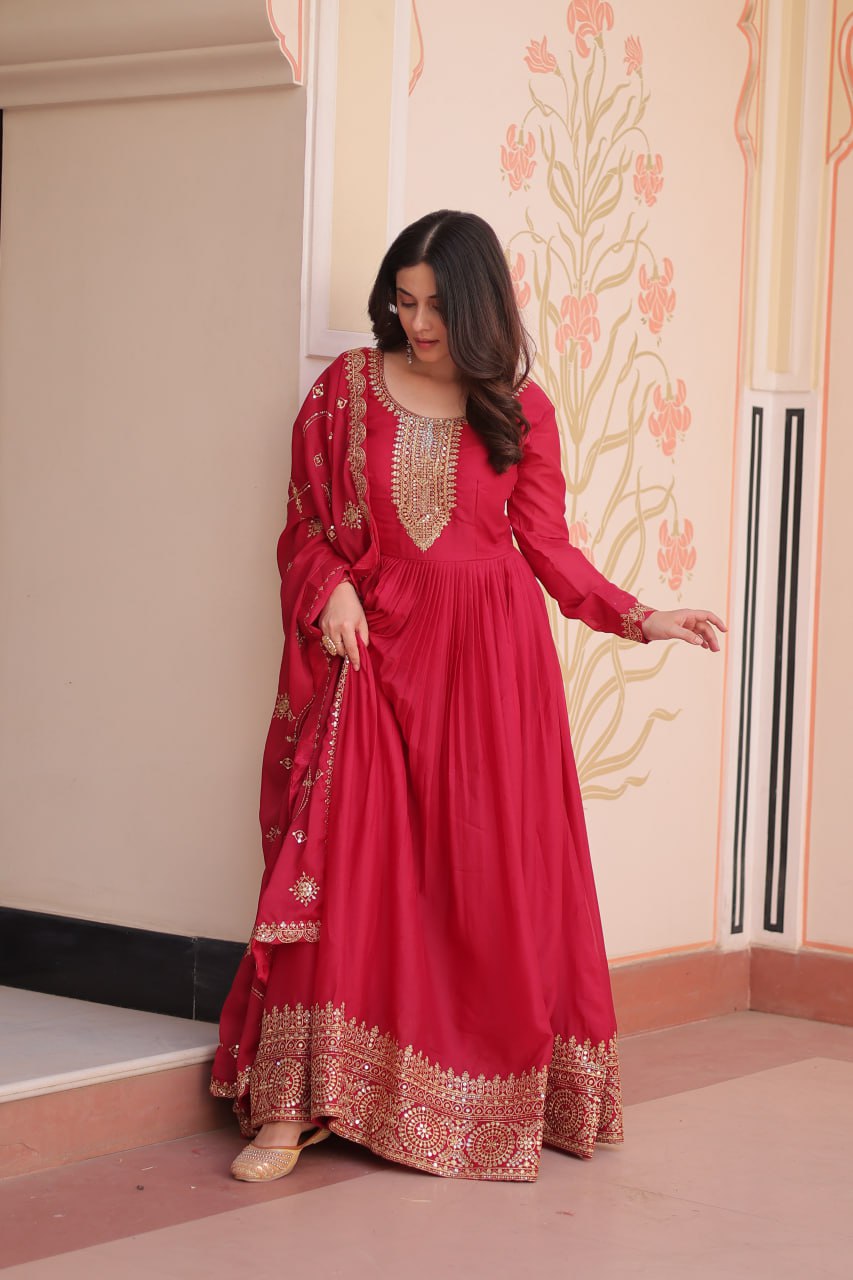 Rani pink star georgette zari sequins embroidered gown with dupatta