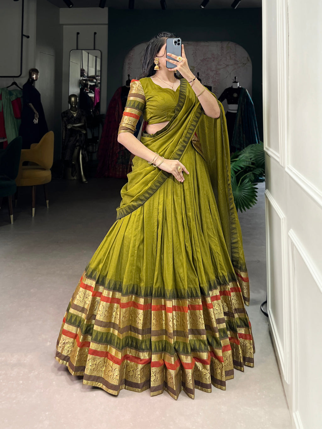 Rava olive green pure Chanderi half saree lehenga with zari weaving work