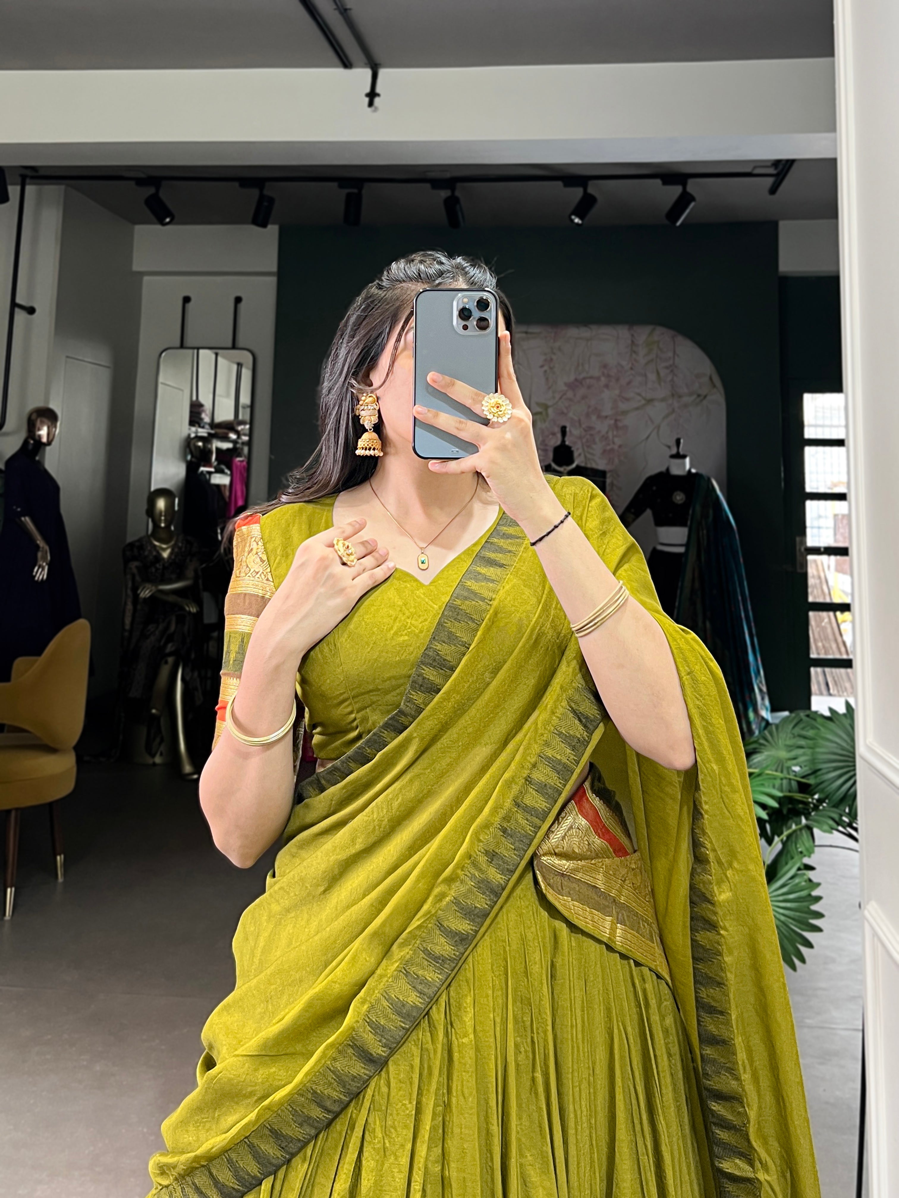 Rava olive green pure Chanderi half saree lehenga with zari weaving work
