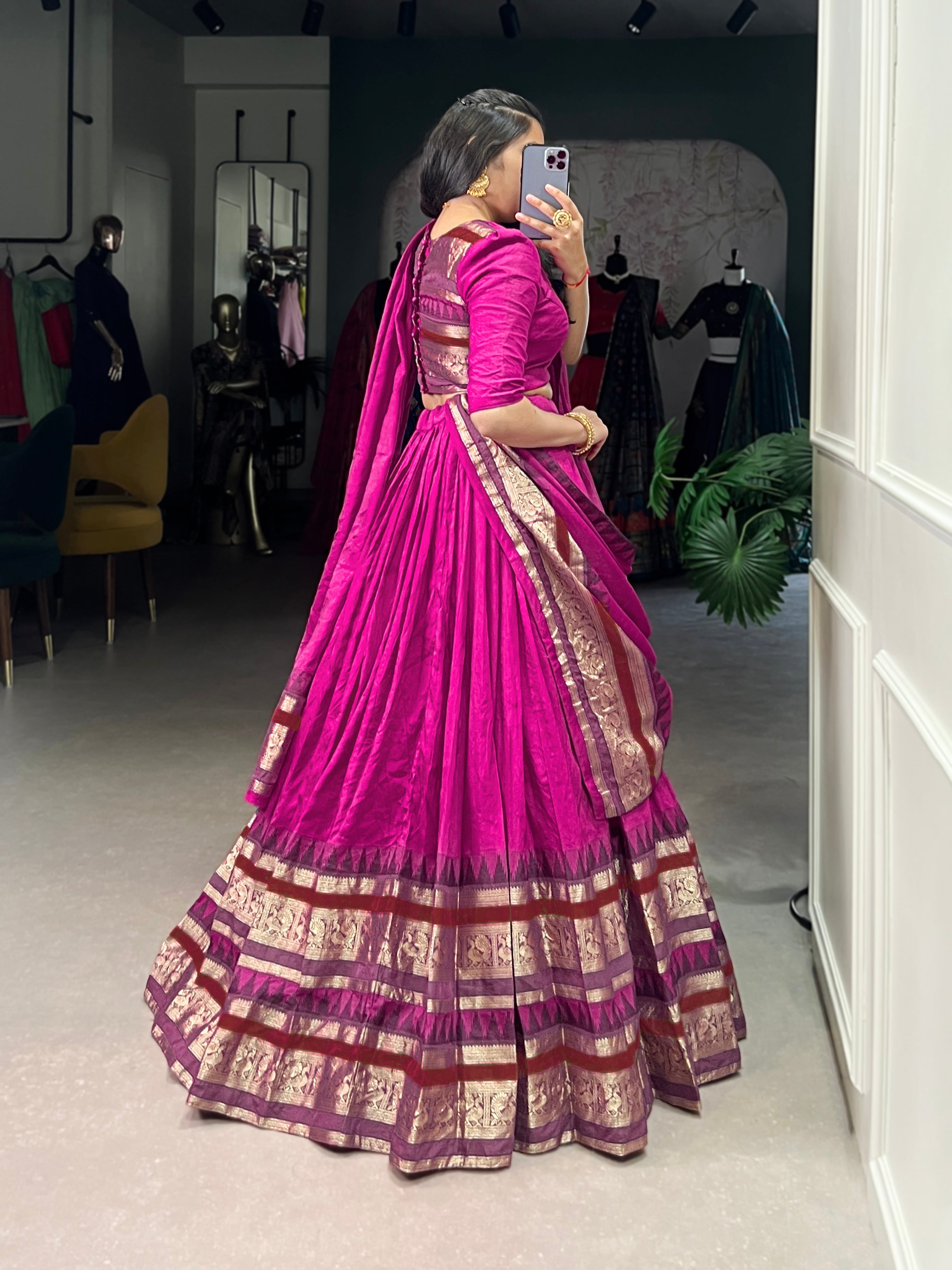 Rava pink pure Chanderi half saree lehenga with zari weaving work