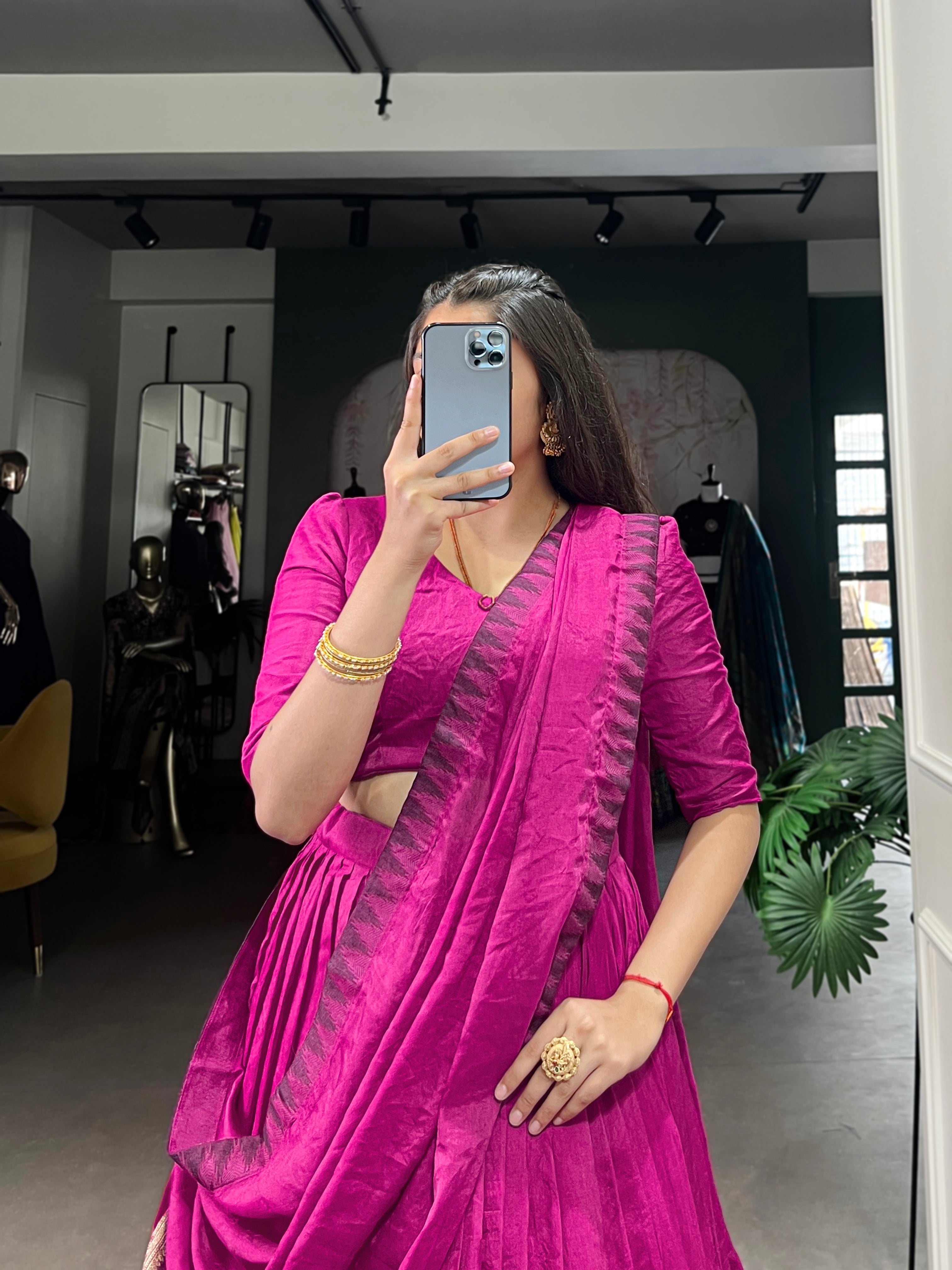 Rava pink pure Chanderi half saree lehenga with zari weaving work