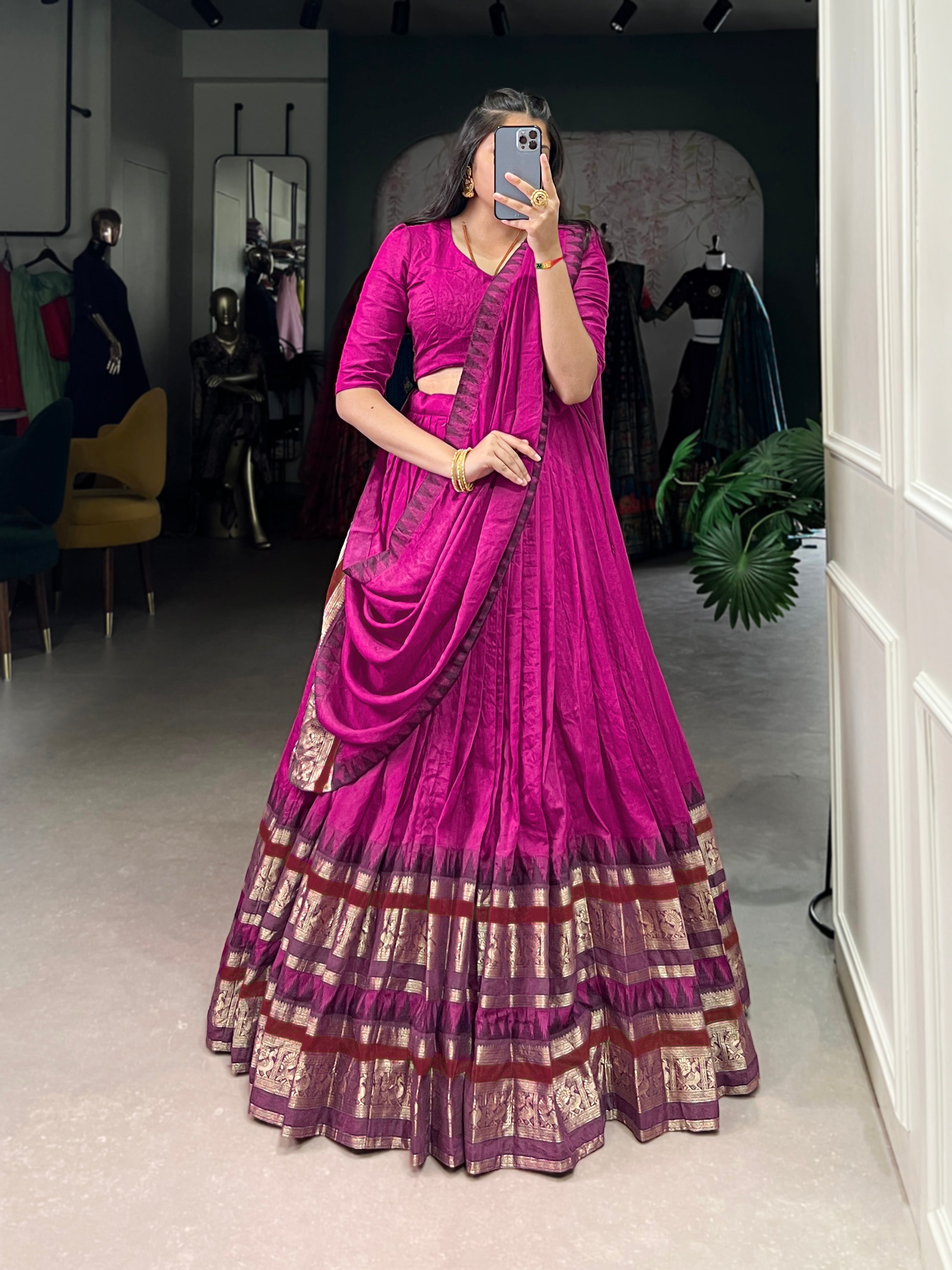 Rava pink pure Chanderi half saree lehenga with zari weaving work