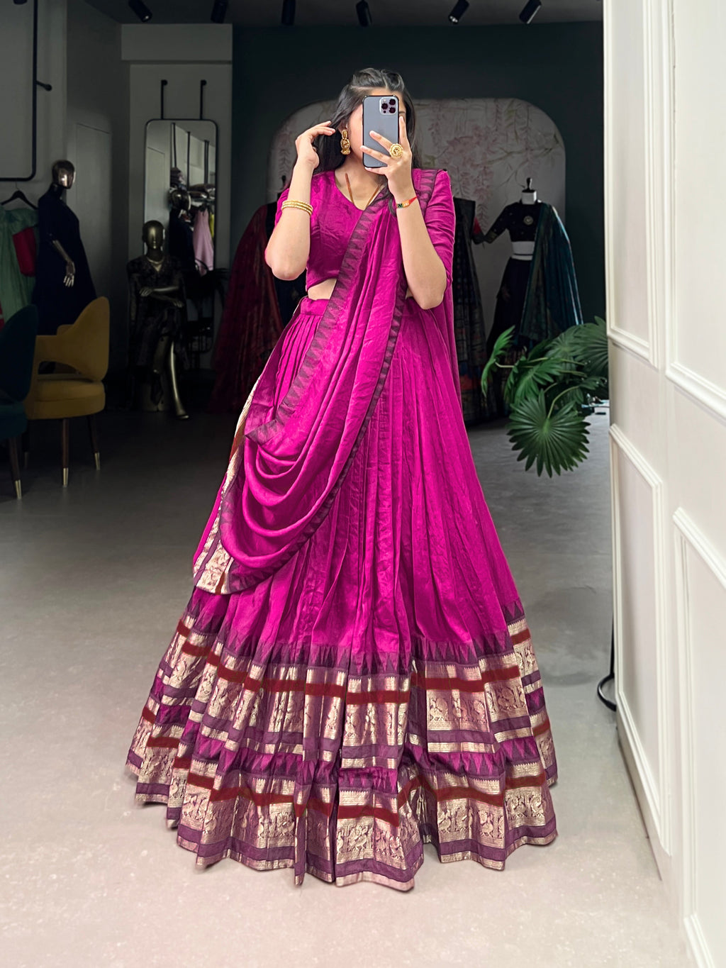Rava pink pure Chanderi half saree lehenga with zari weaving work