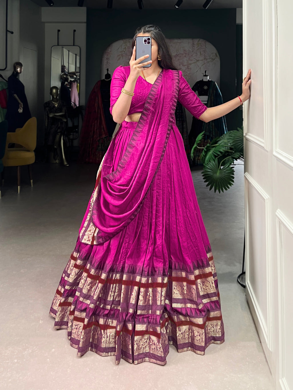 Rava pink pure Chanderi half saree lehenga with zari weaving work