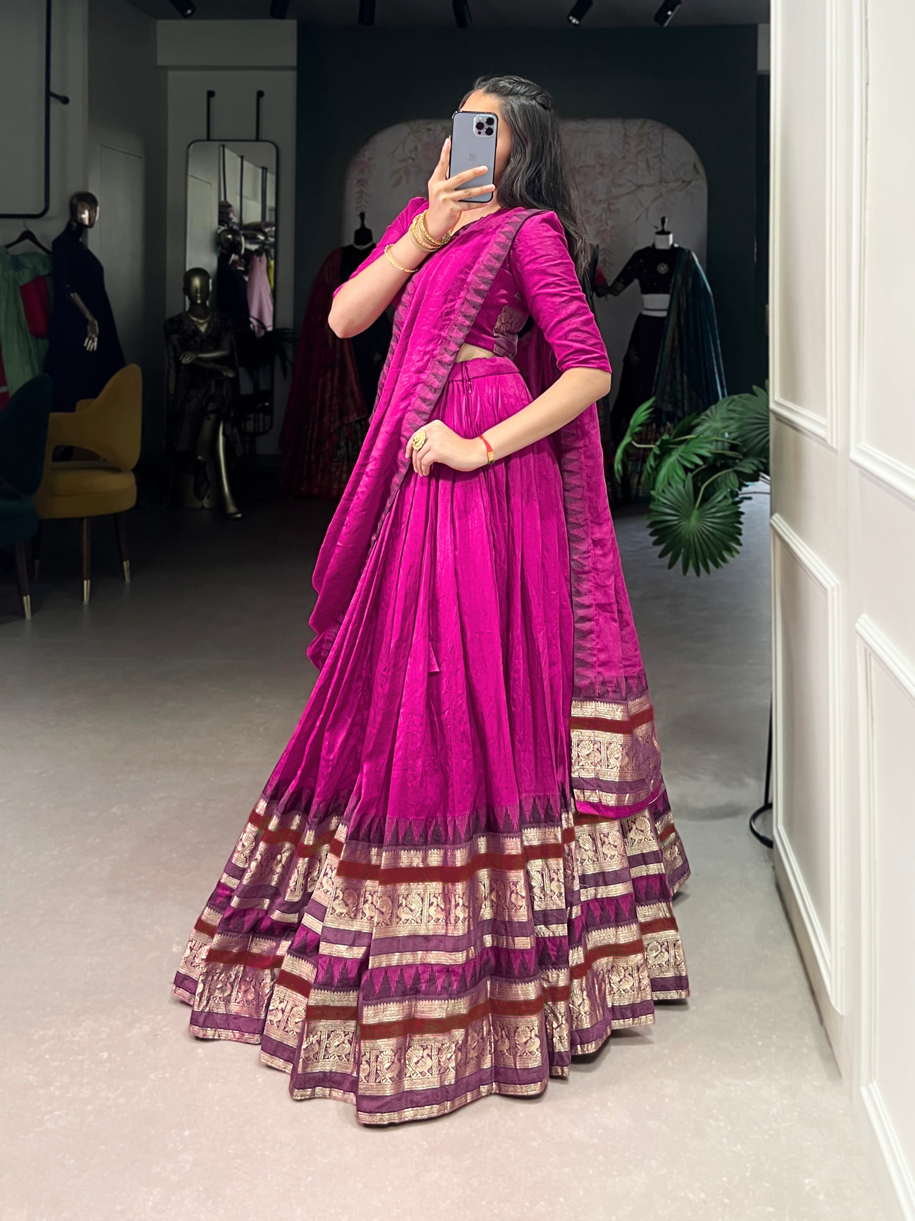 Rava pink pure Chanderi half saree lehenga with zari weaving work