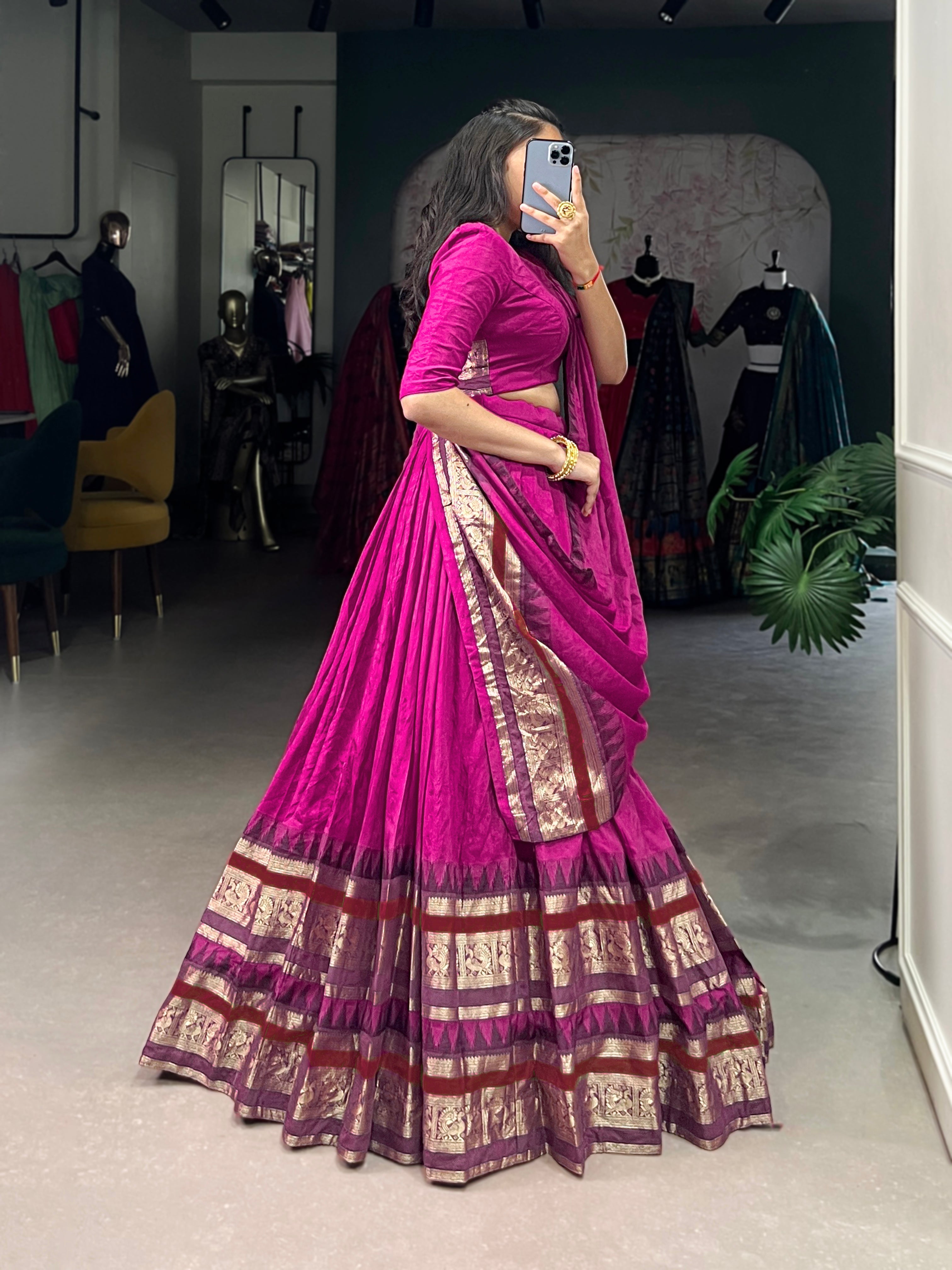 Rava pink pure Chanderi half saree lehenga with zari weaving work