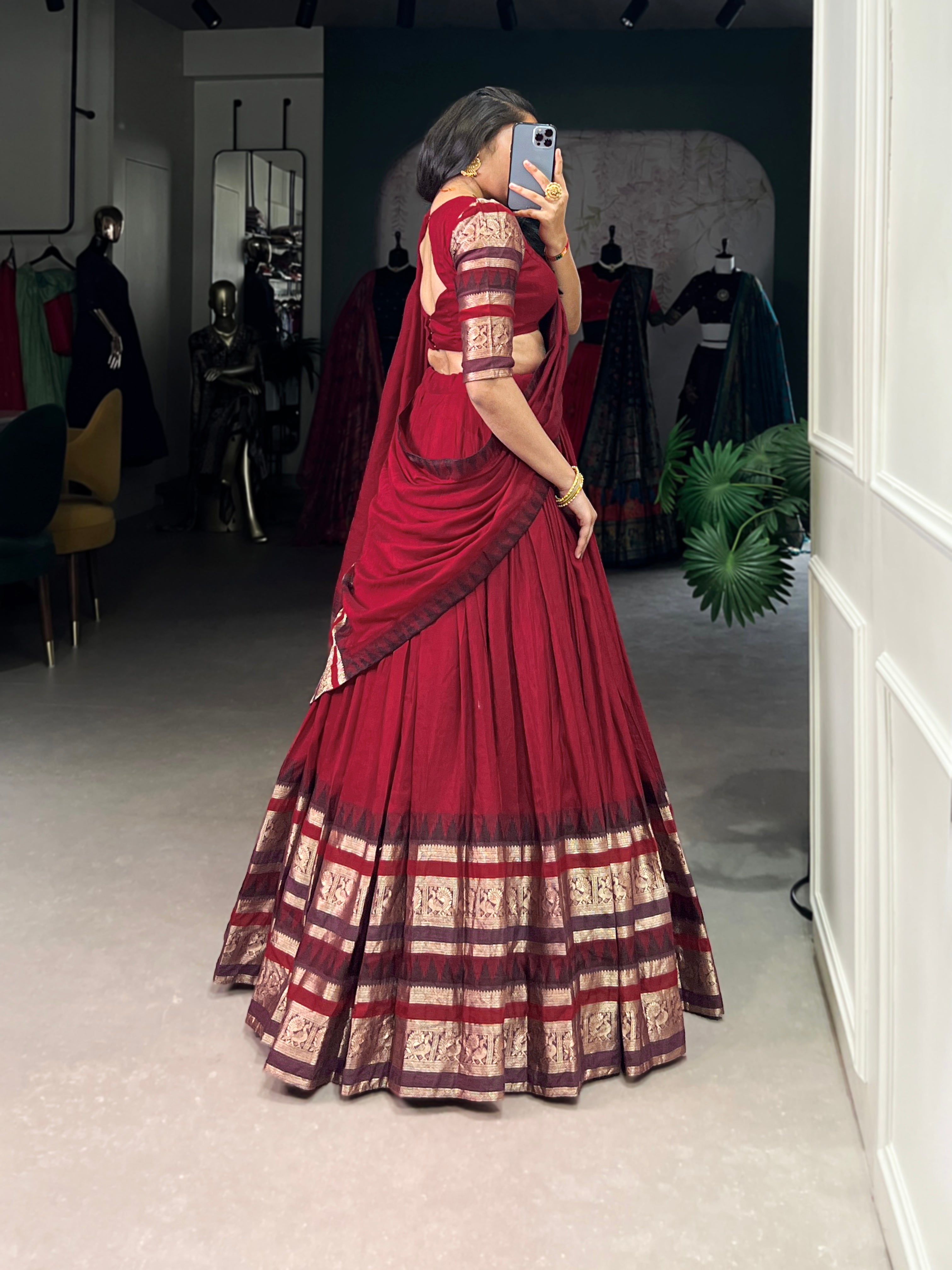 Rava red pure Chanderi half saree lehenga with zari weaving work