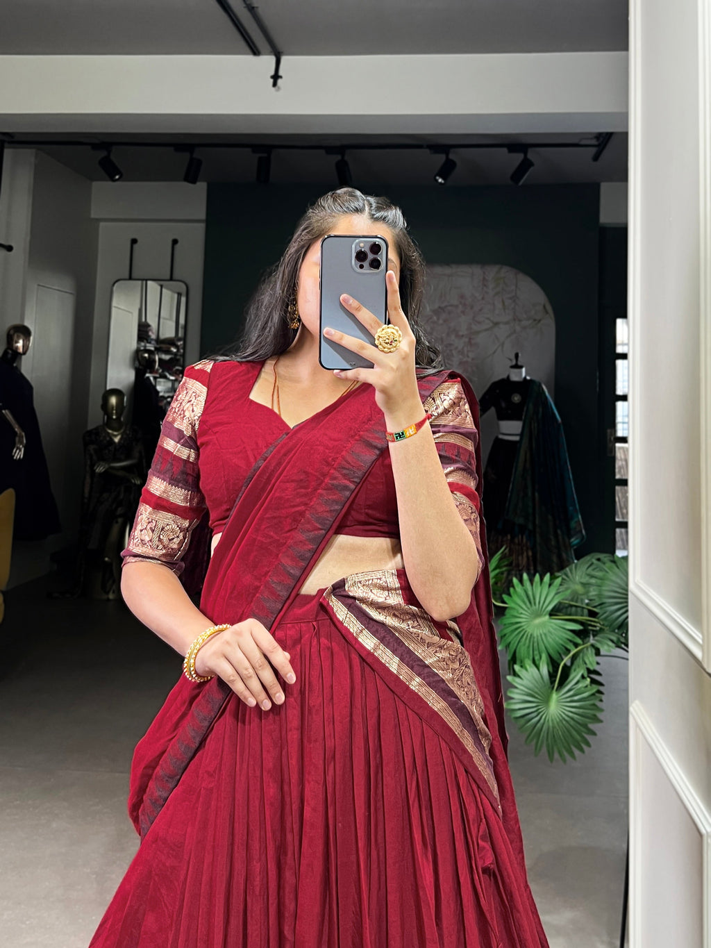 Rava red pure Chanderi half saree lehenga with zari weaving work