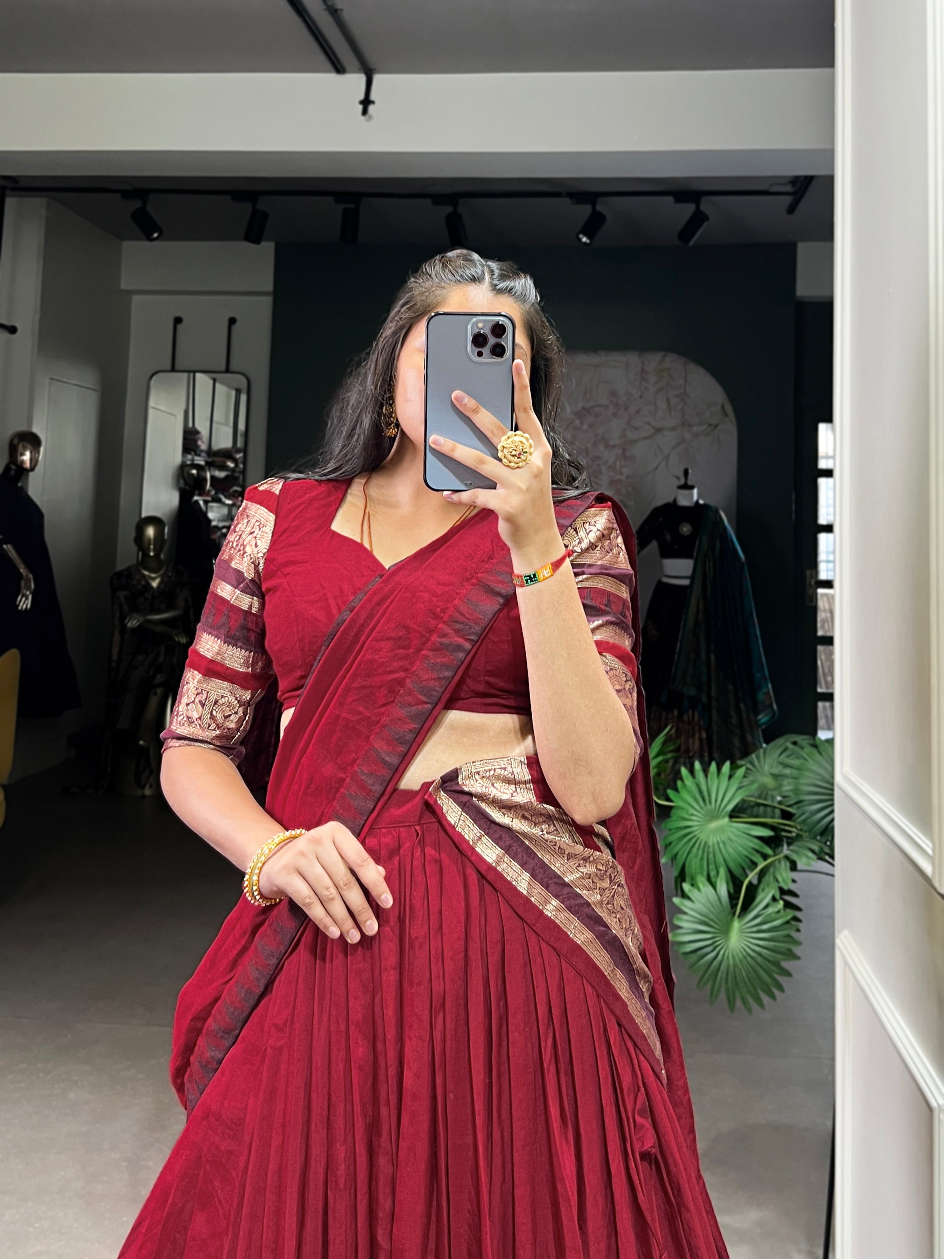 Rava red pure Chanderi half saree lehenga with zari weaving work