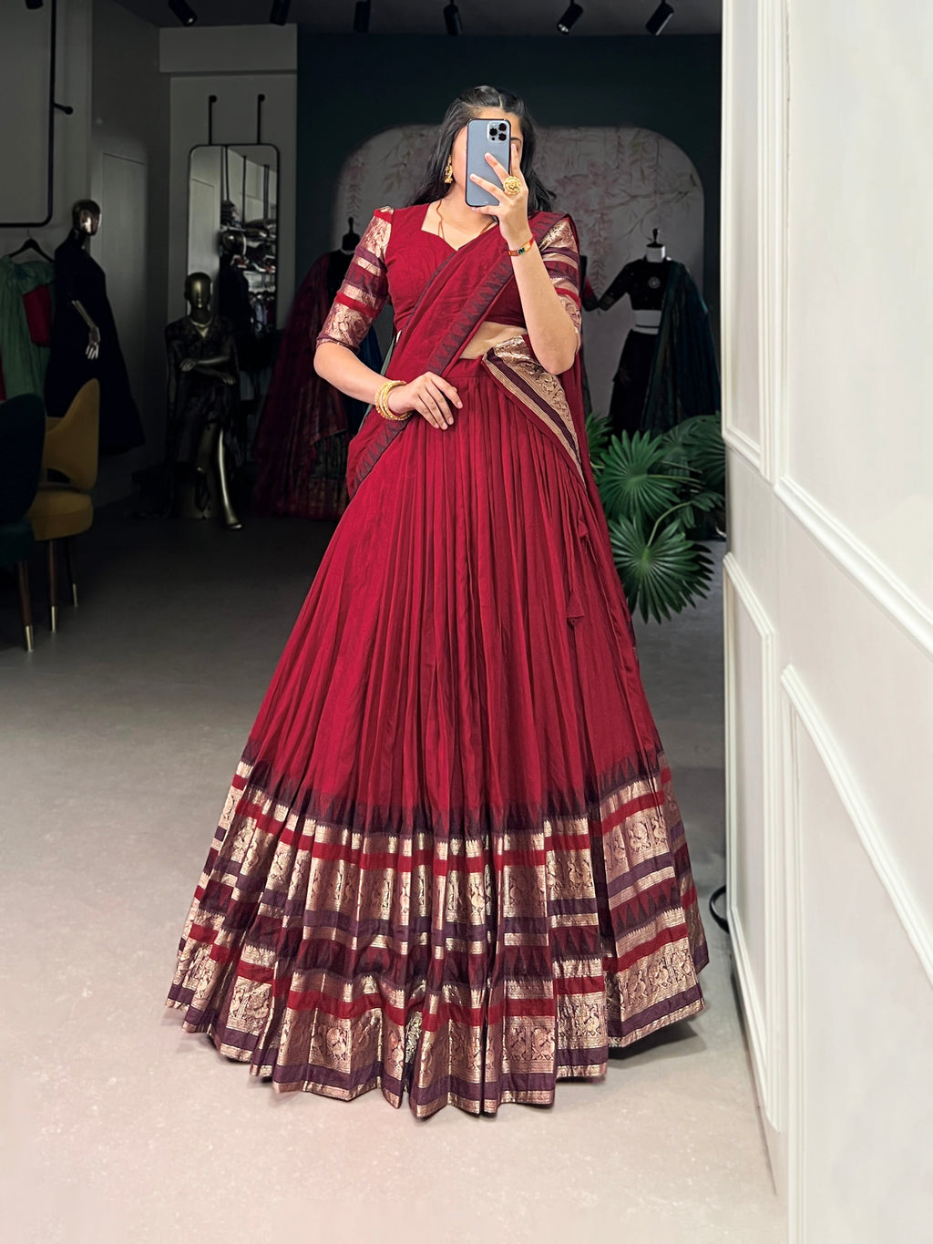 Rava red pure Chanderi half saree lehenga with zari weaving work