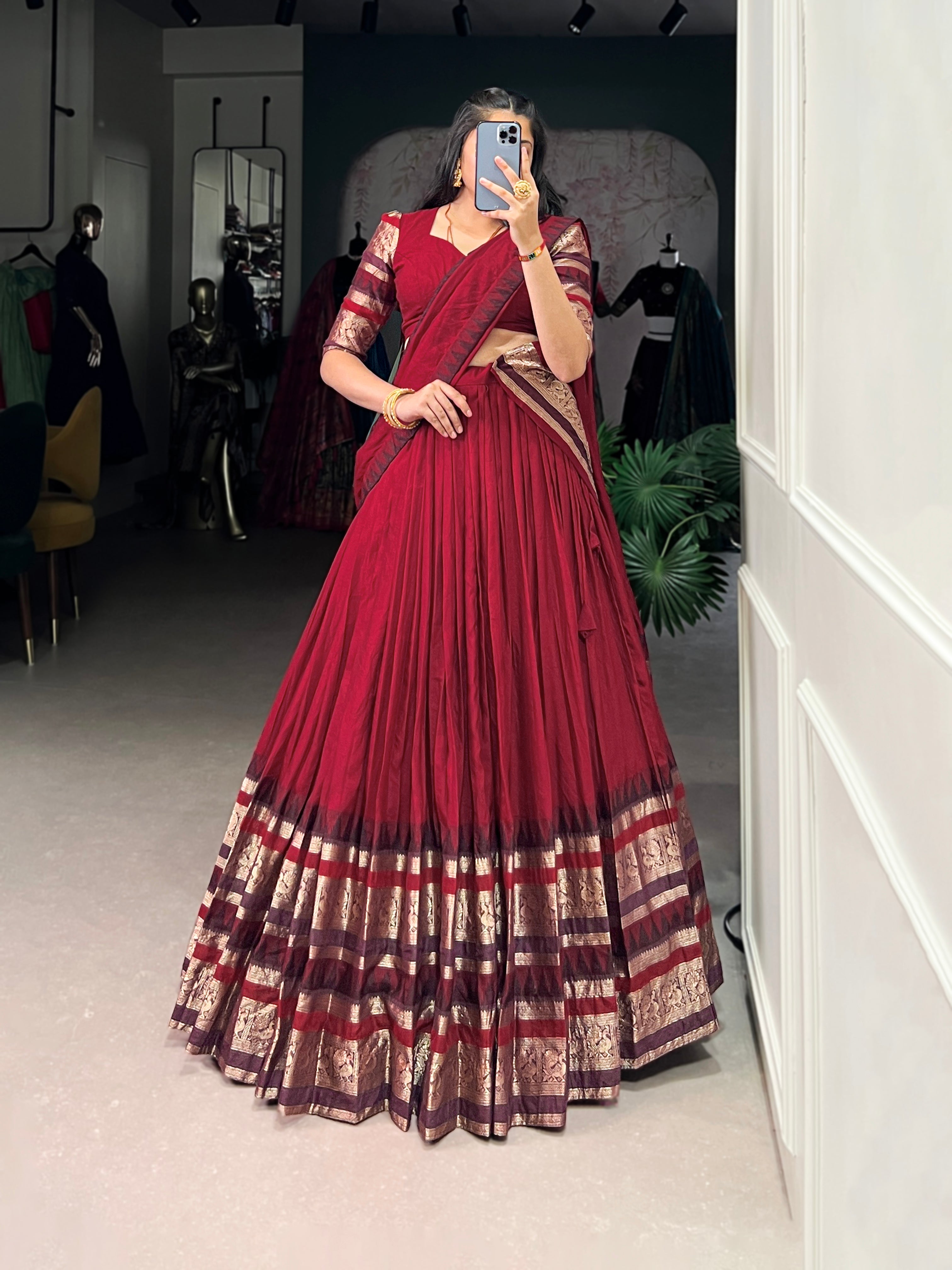 Rava red pure Chanderi half saree lehenga with zari weaving work