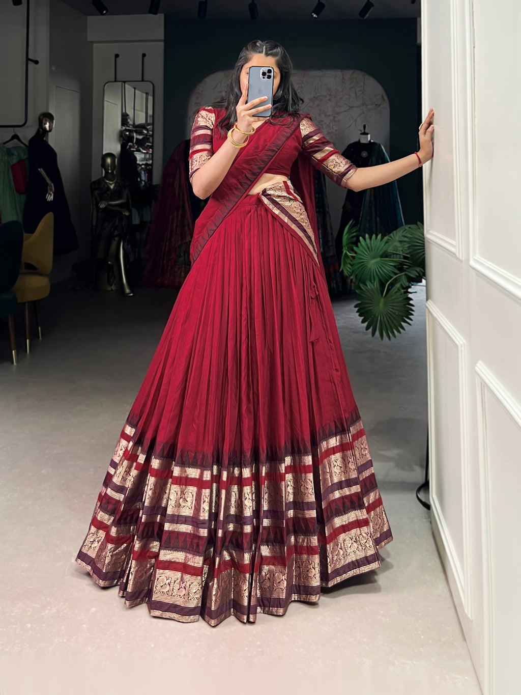 Rava red pure Chanderi half saree lehenga with zari weaving work