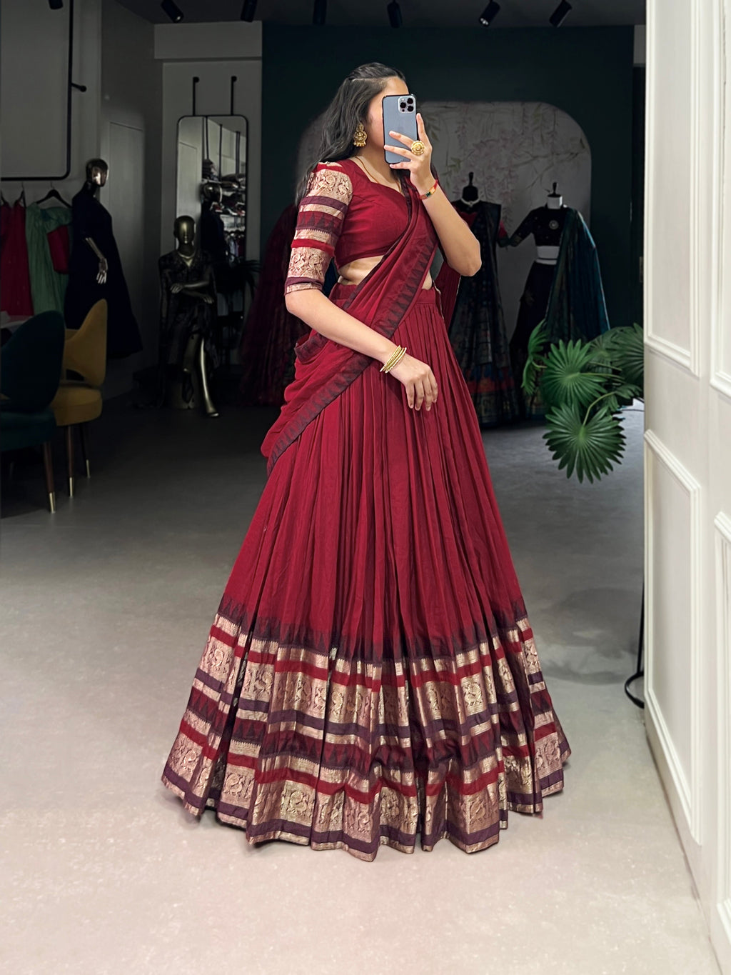 Rava red pure Chanderi half saree lehenga with zari weaving work