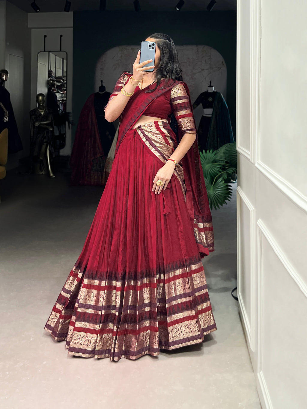 Rava red pure Chanderi half saree lehenga with zari weaving work