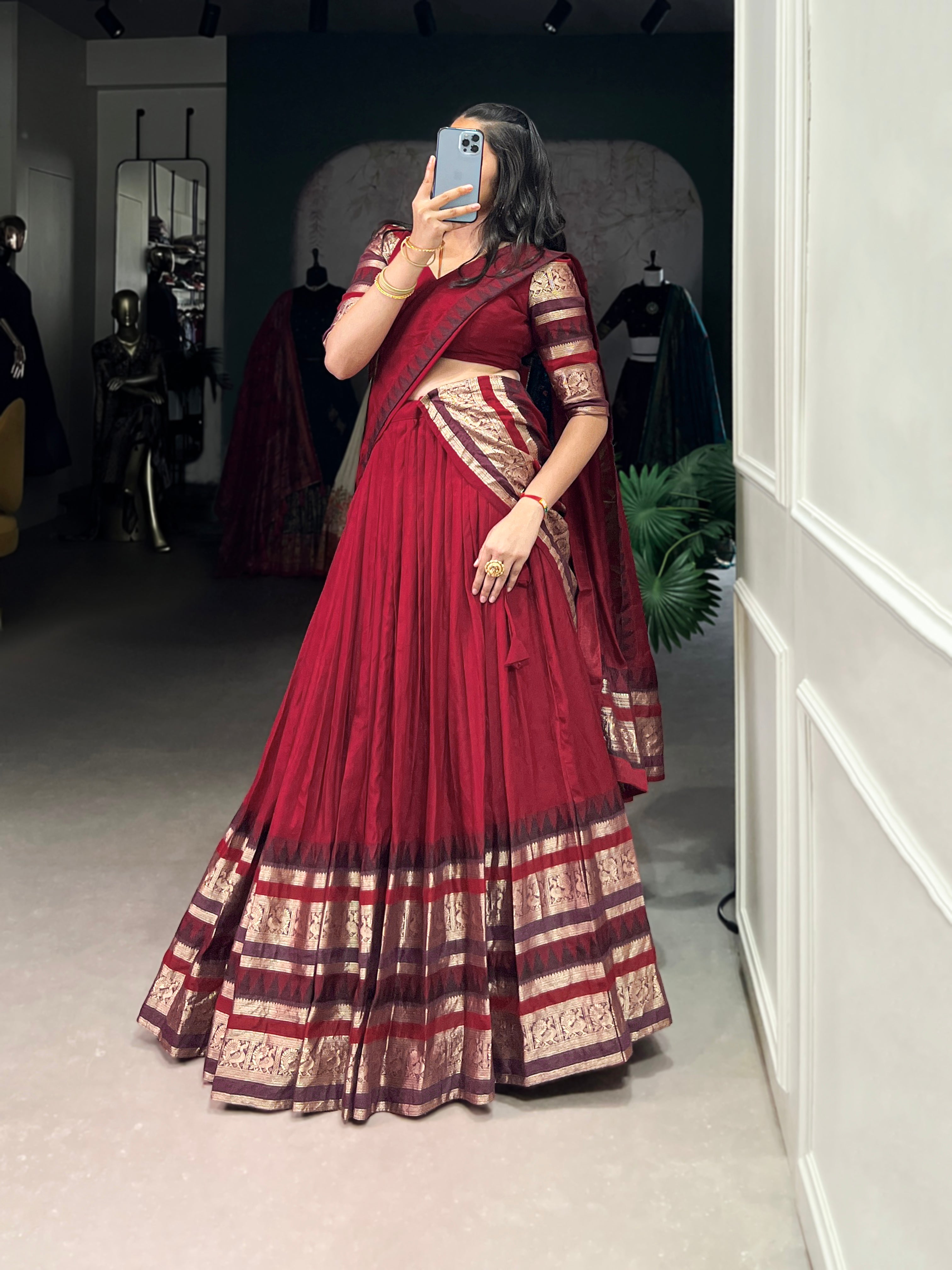 Rava red pure Chanderi half saree lehenga with zari weaving work