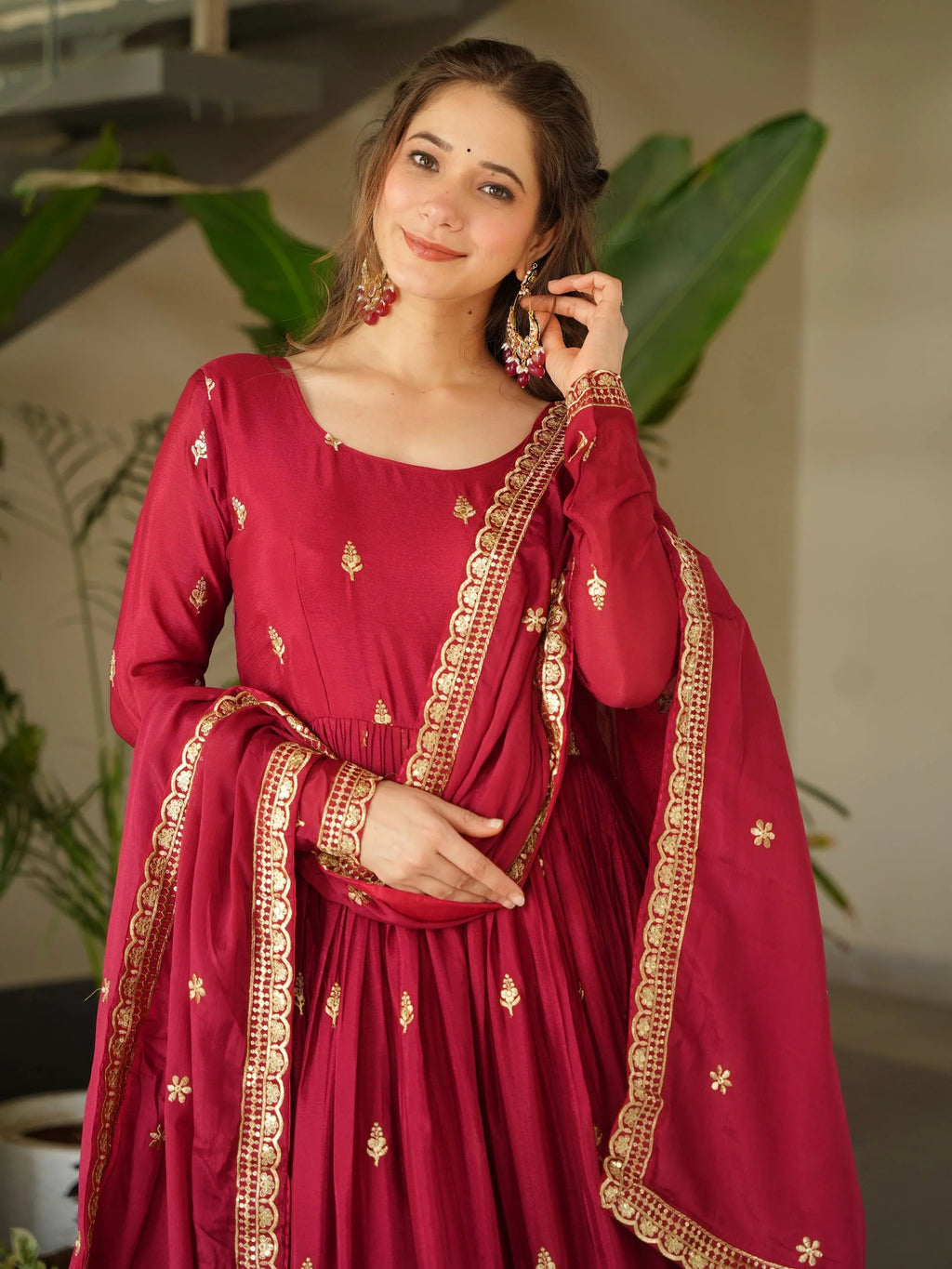 Red chinon gown with zari and sequins embroidery and dupatta