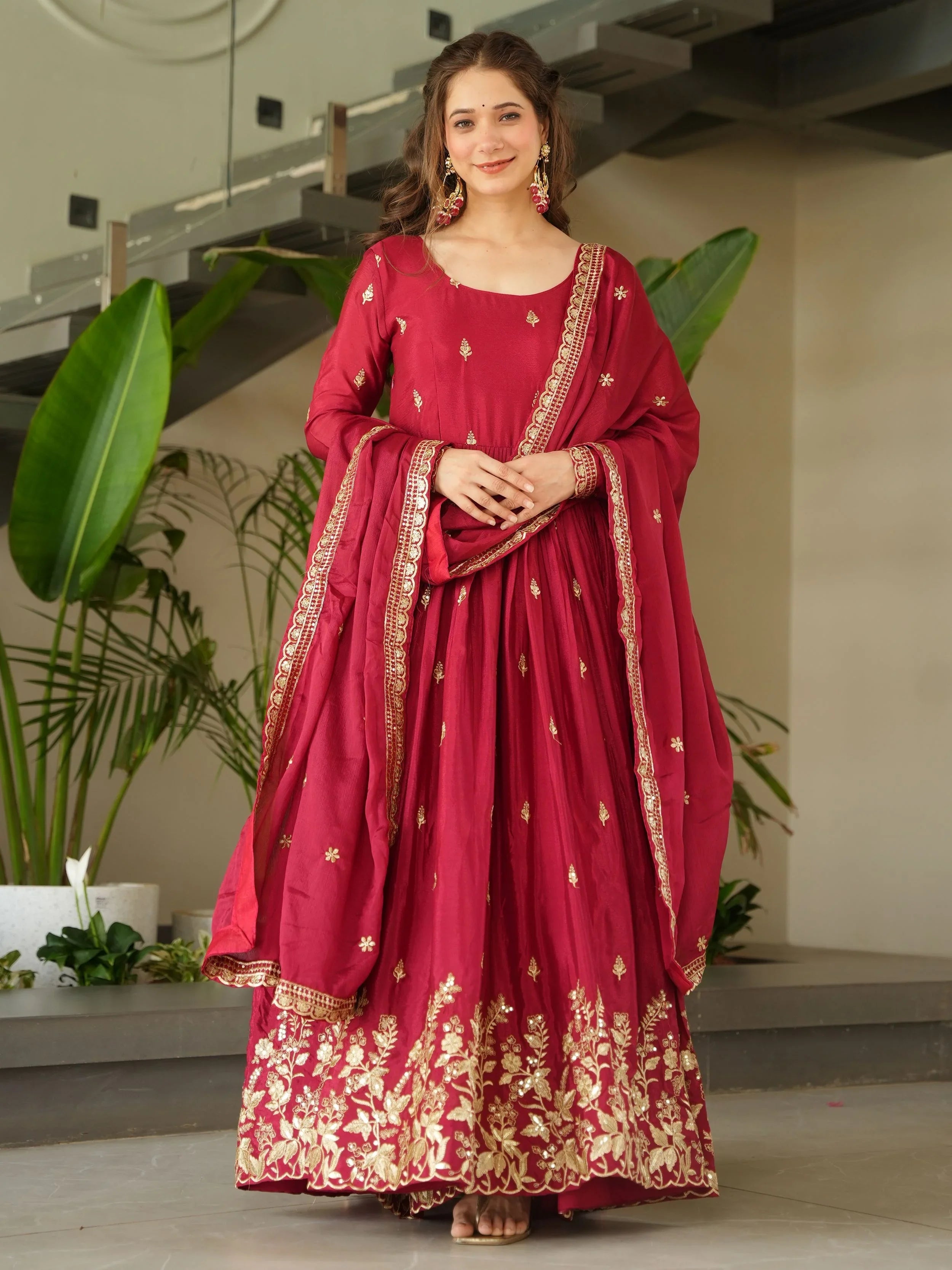 Red chinon gown with zari and sequins embroidery and dupatta