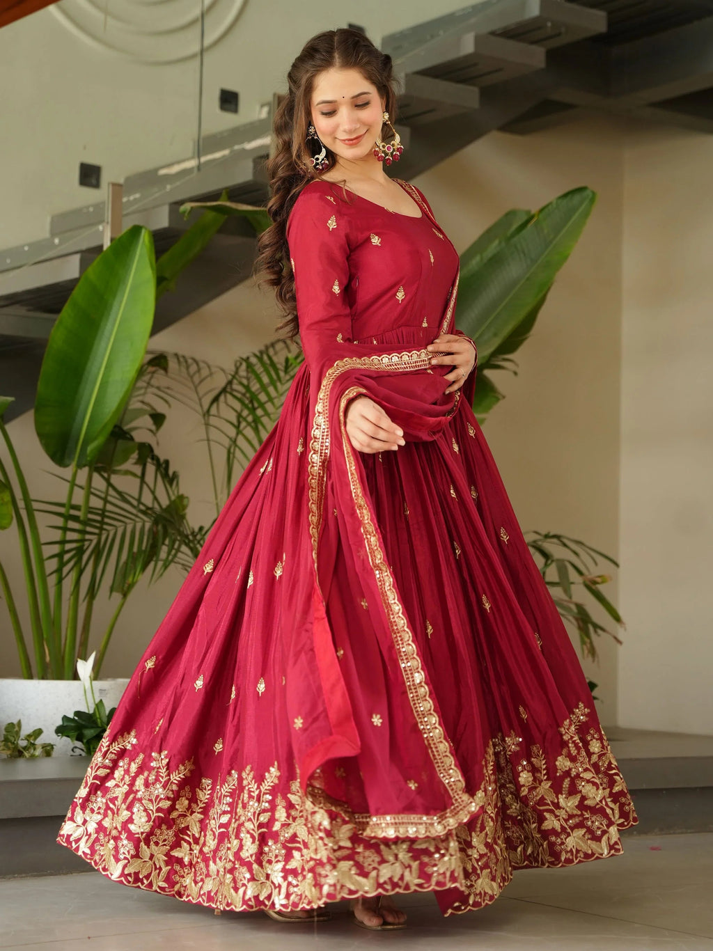 Red chinon gown with zari and sequins embroidery and dupatta