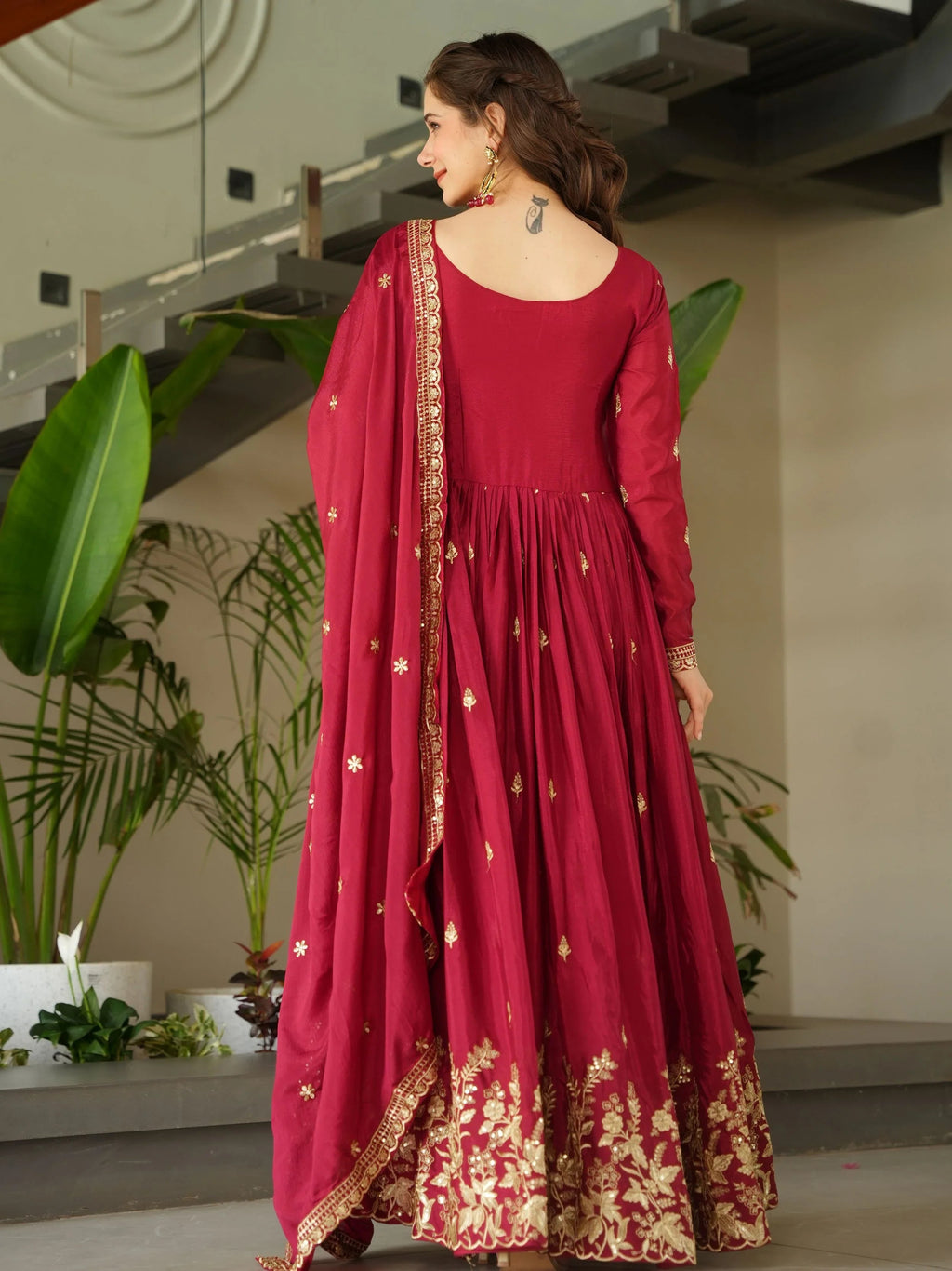 Red chinon gown with zari and sequins embroidery and dupatta