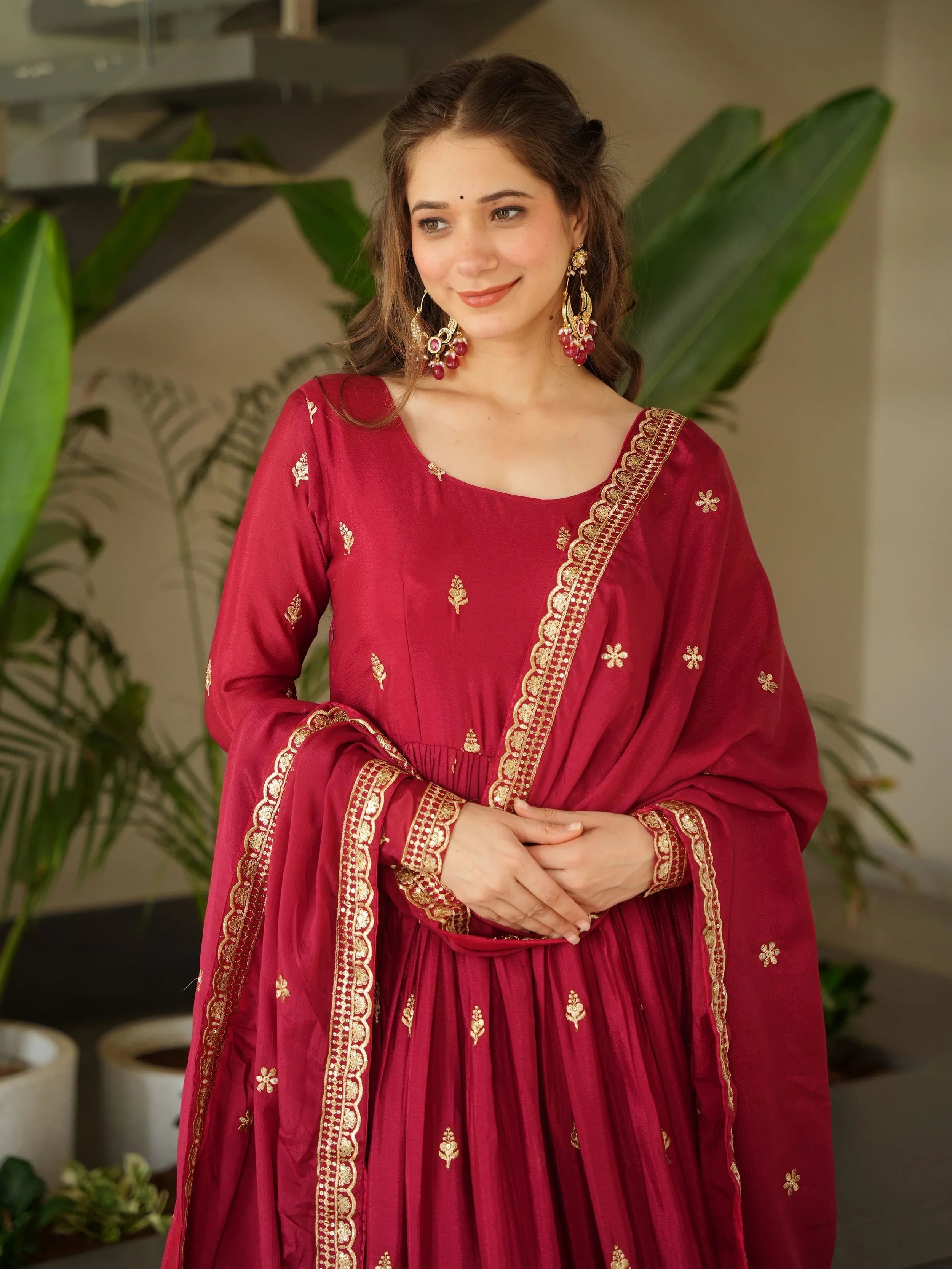 Red chinon gown with zari and sequins embroidery and dupatta