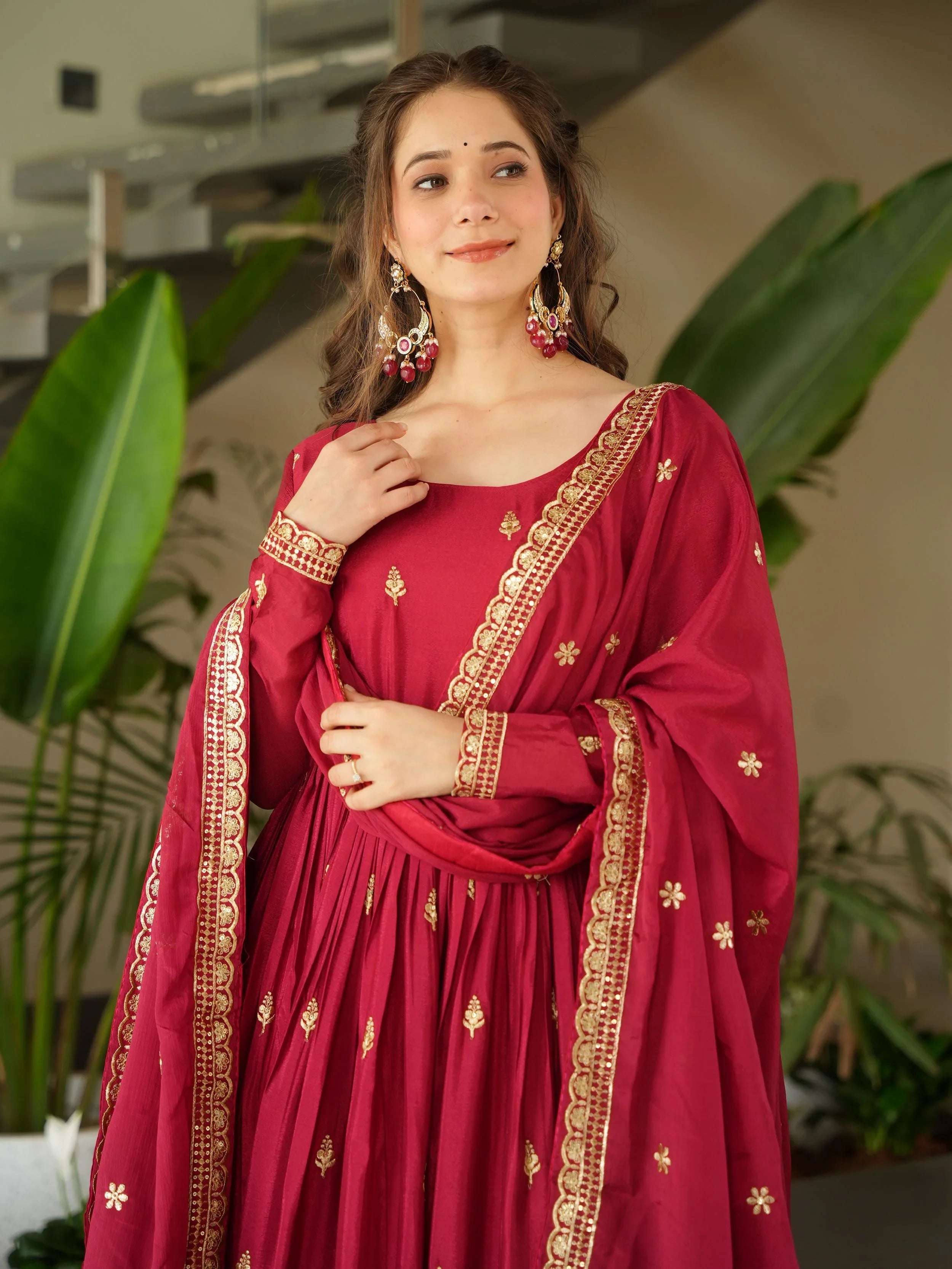 Red chinon gown with zari and sequins embroidery and dupatta