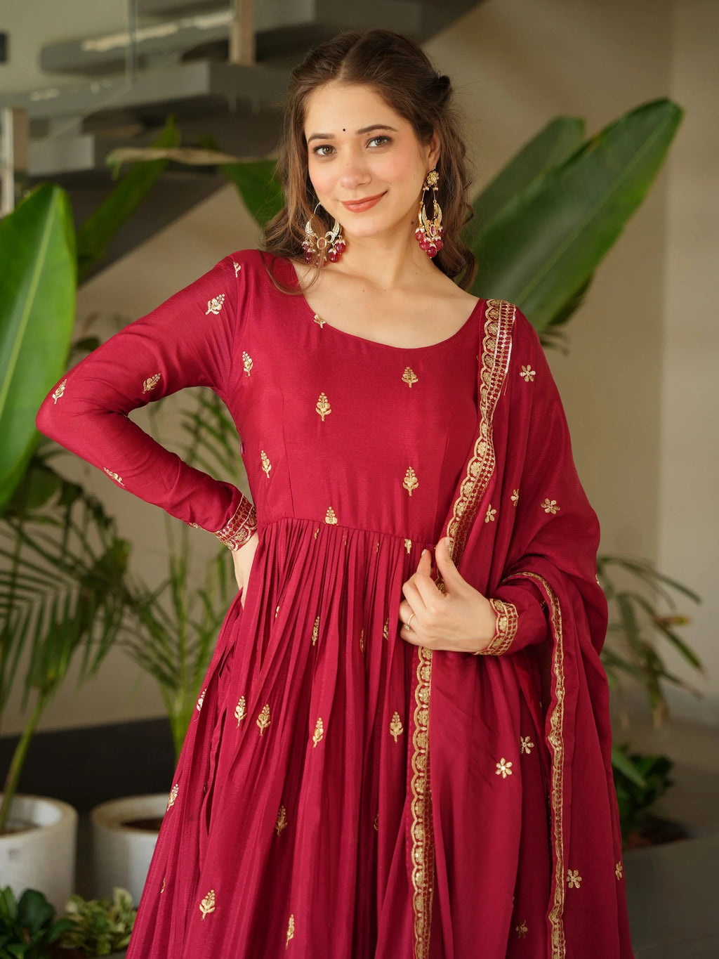    Red chinon gown with zari and sequins embroidery and dupatta