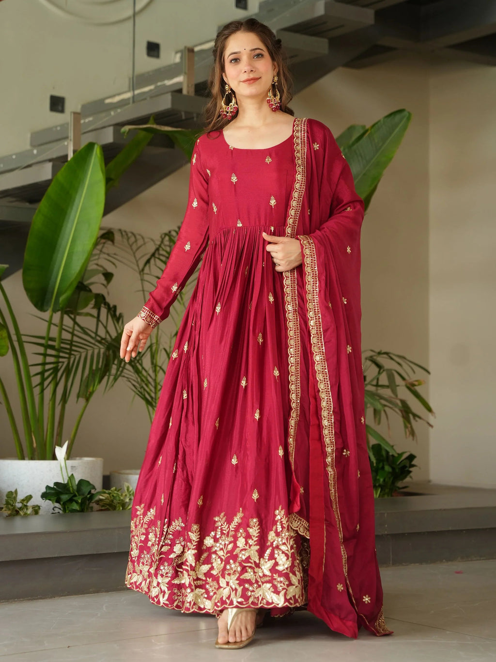 Red chinon gown with zari and sequins embroidery and dupatta