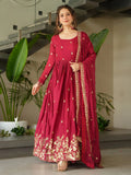 Red chinon gown with zari and sequins embroidery and dupatta