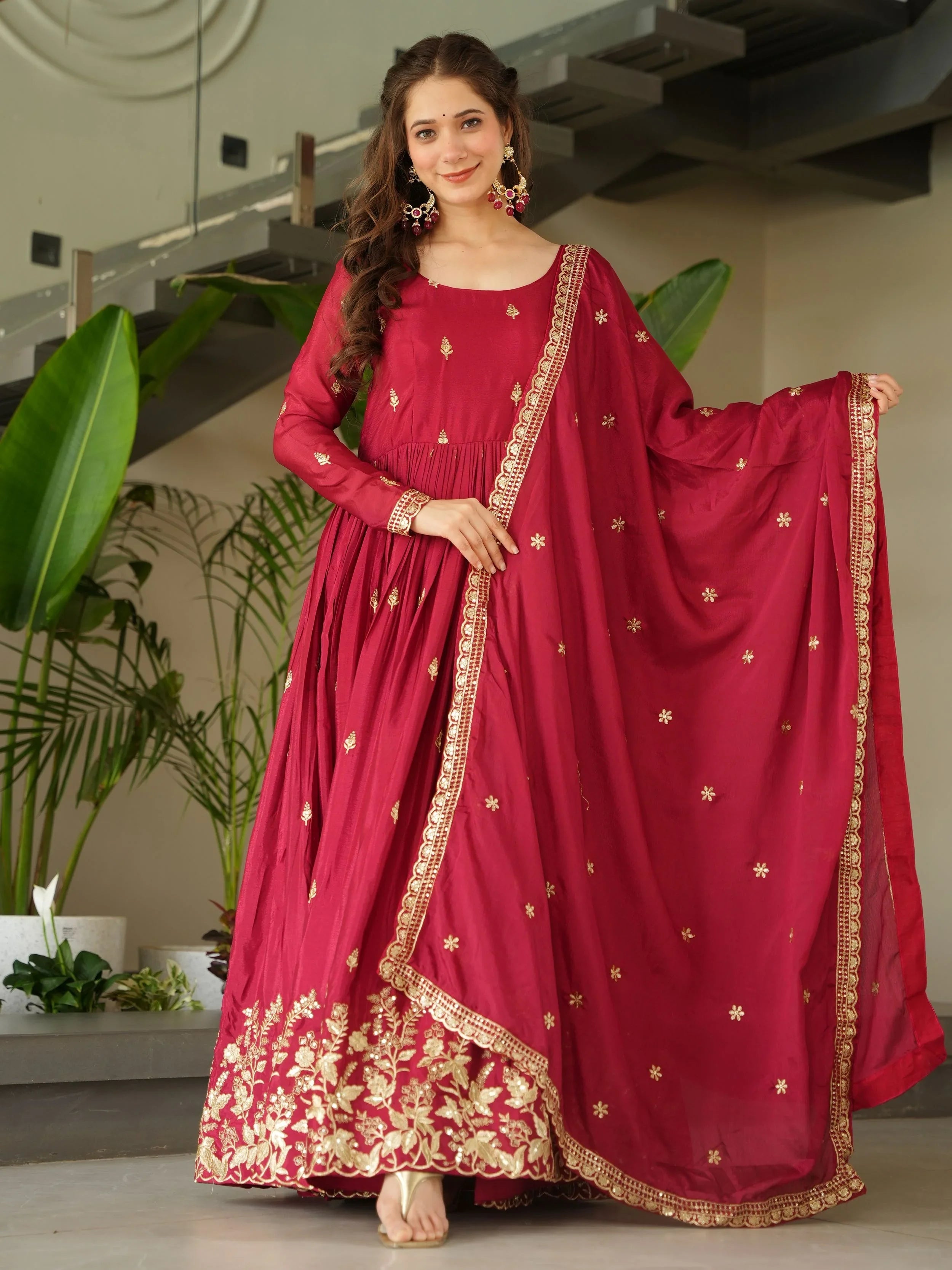 Red chinon gown with zari and sequins embroidery and dupatta