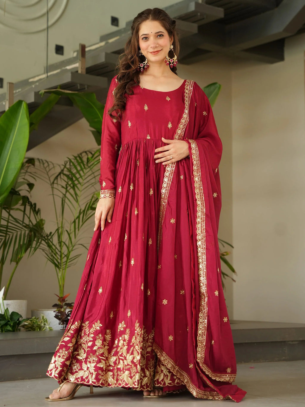 Red chinon gown with zari and sequins embroidery and dupatta