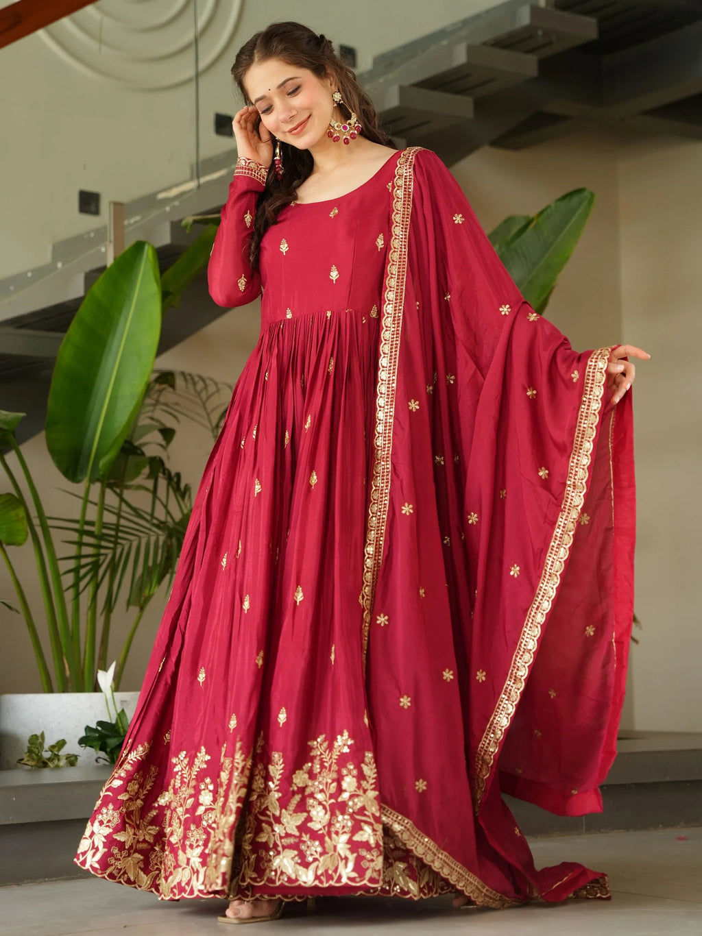Red chinon gown with zari and sequins embroidery and dupatta