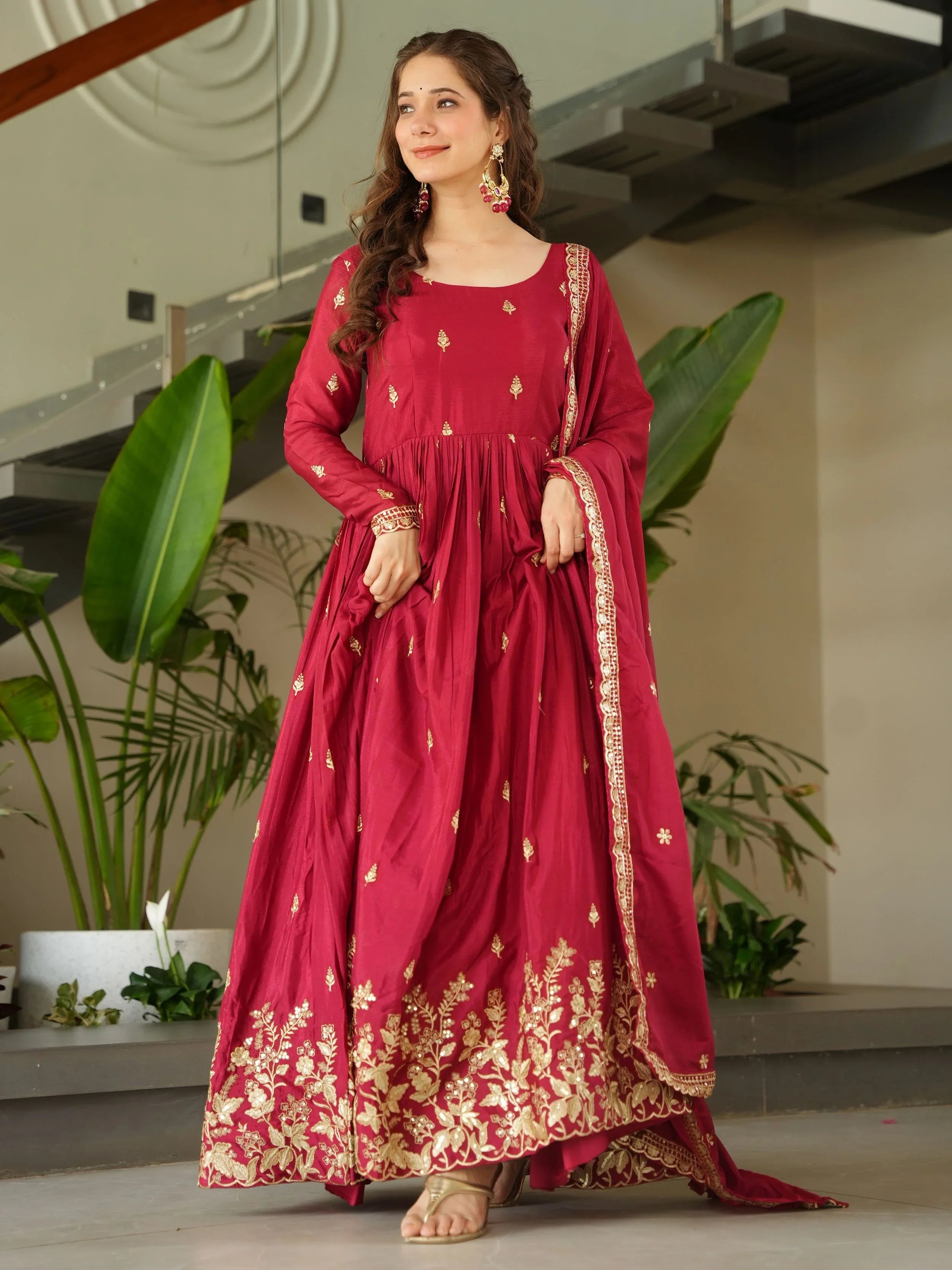 Red chinon gown with zari and sequins embroidery and dupatta