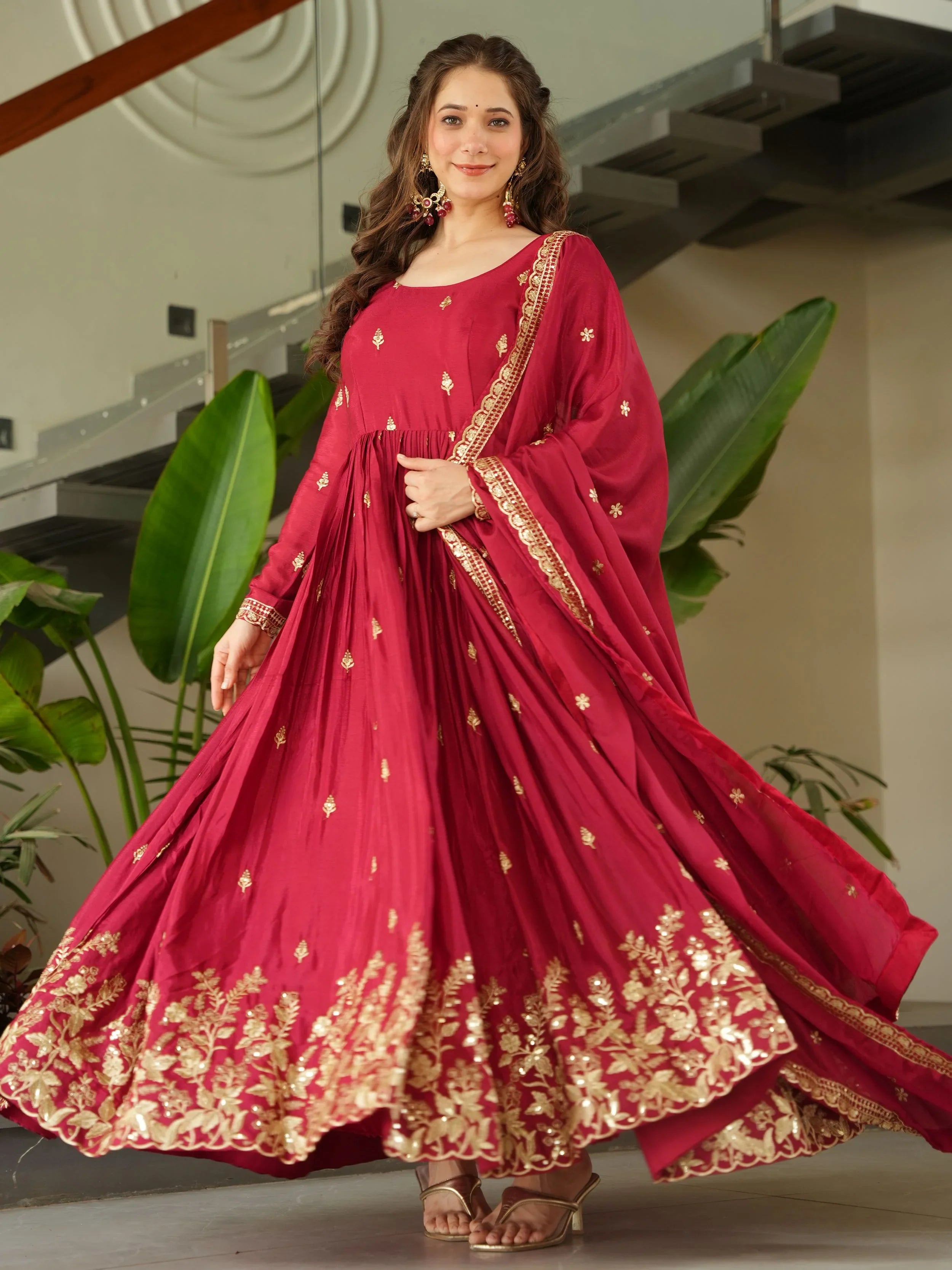 Red chinon gown with zari and sequins embroidery and dupatta