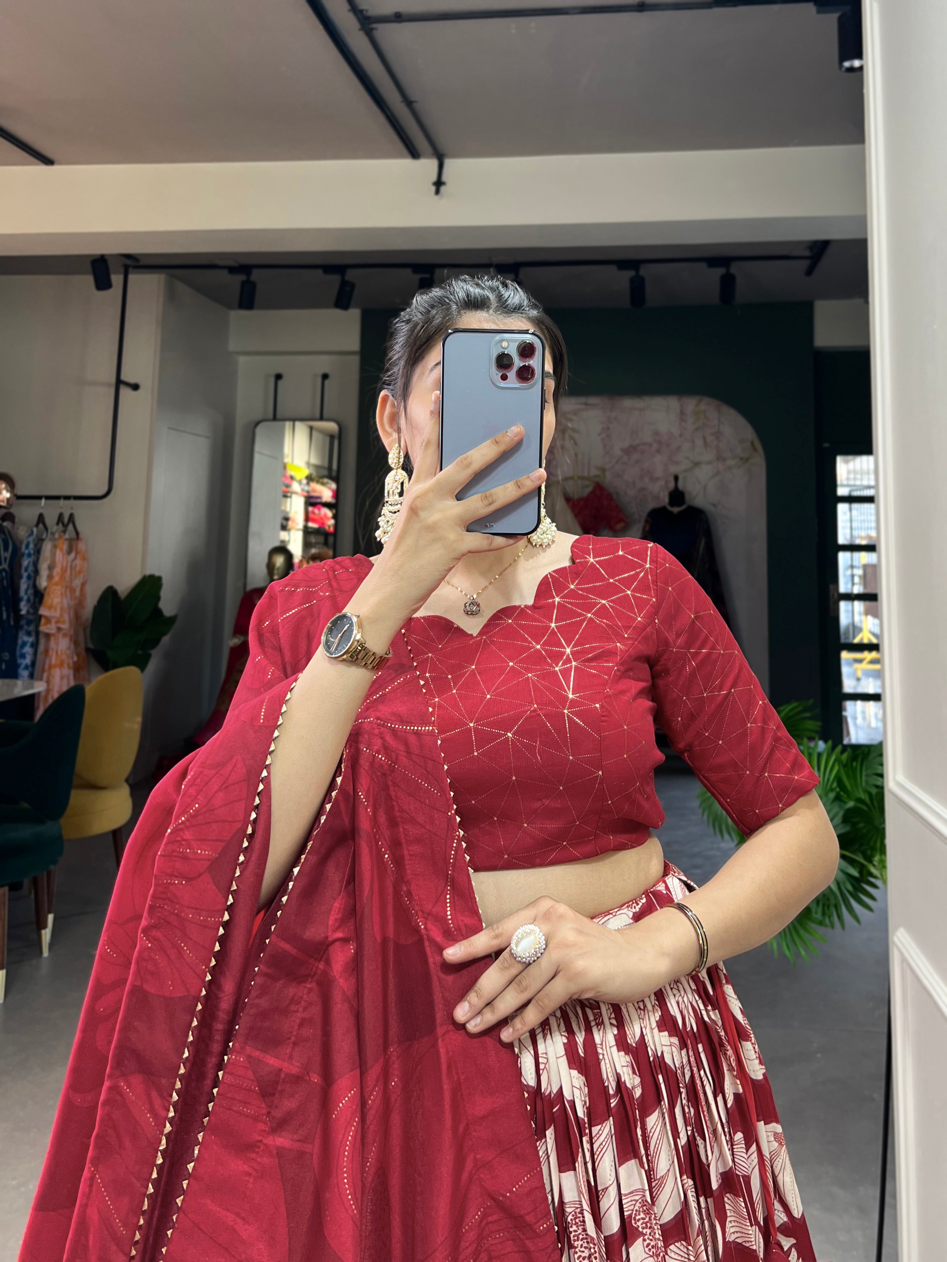 Red Tasar silk floral foil print lehenga choli with tassel dupatta
