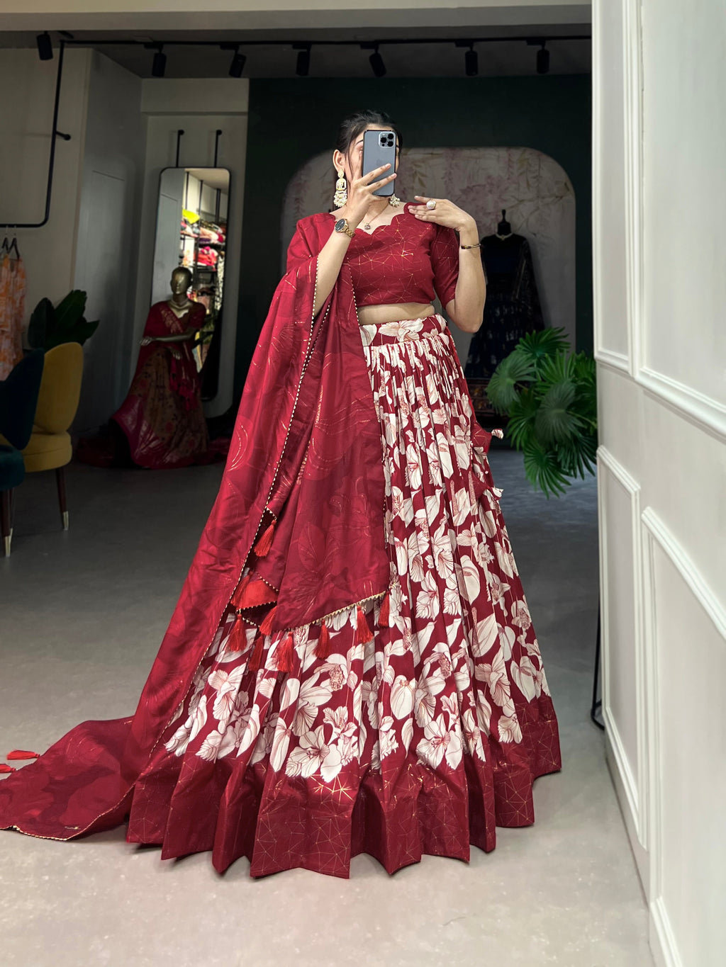 Red Tasar silk floral foil print lehenga choli with tassel dupatta