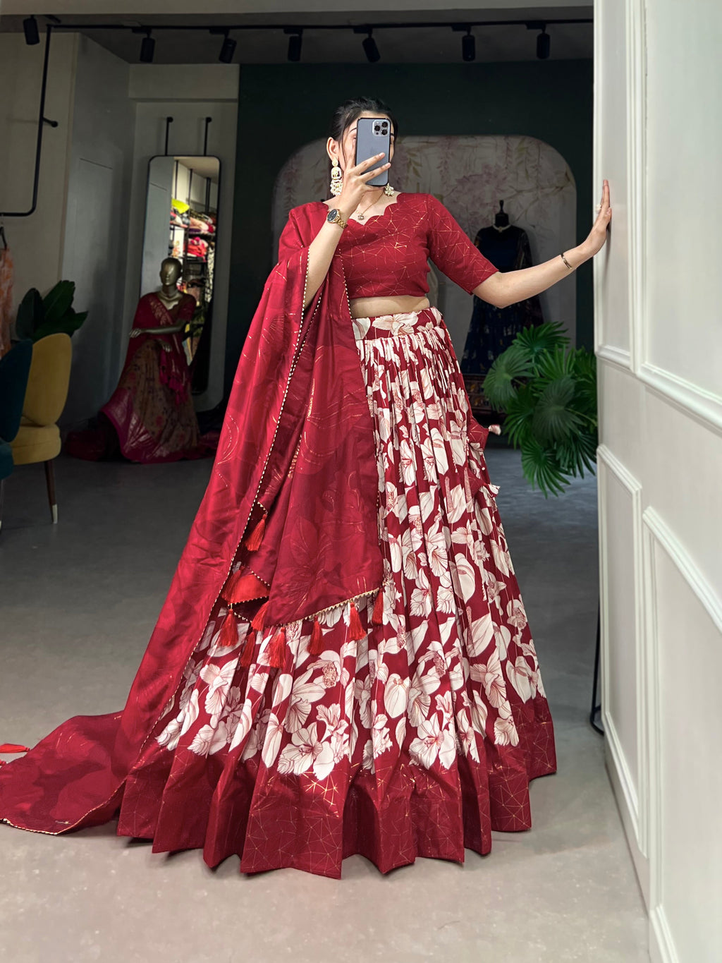 Red Tasar silk floral foil print lehenga choli with tassel dupatta