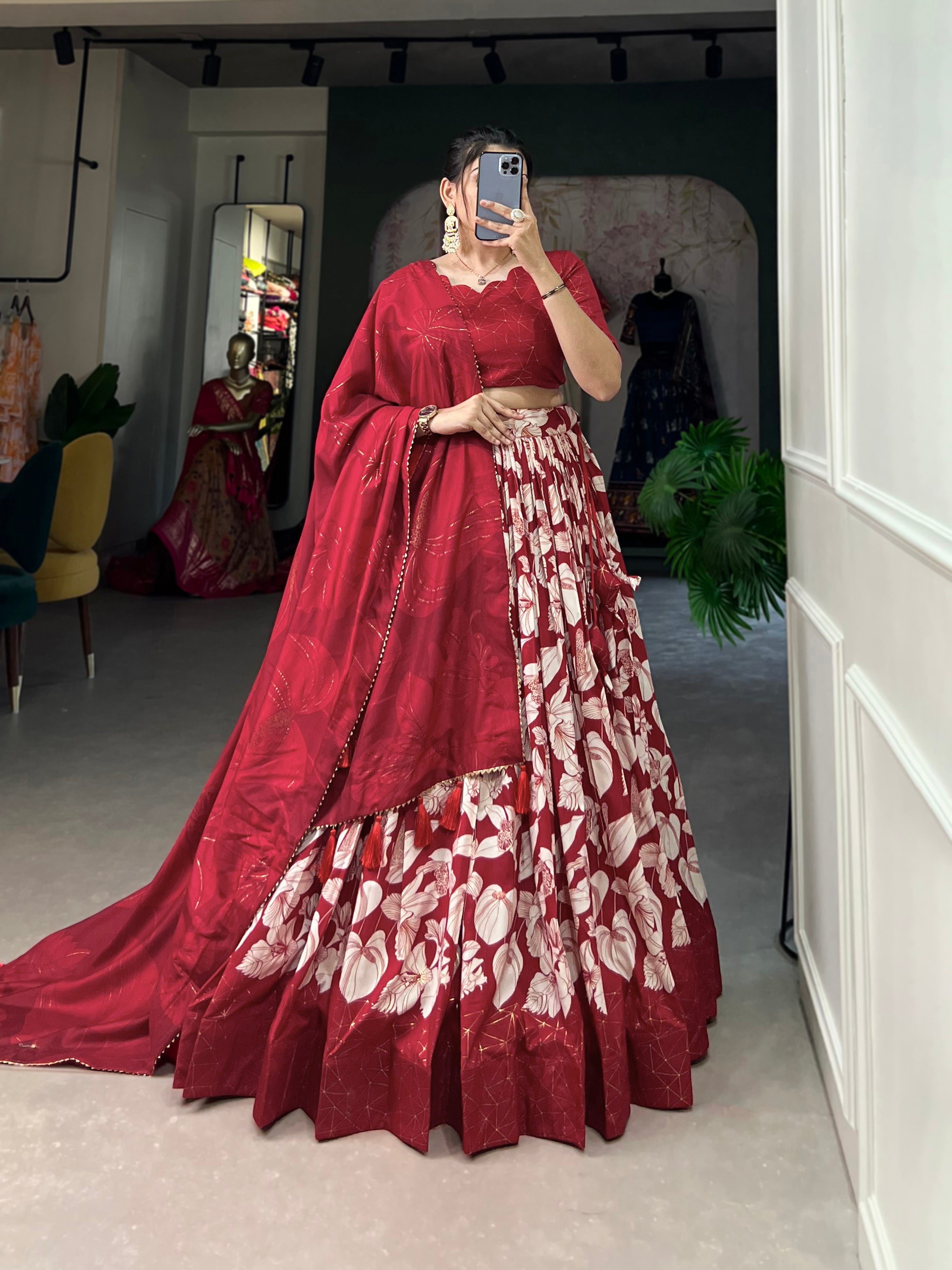 Red Tasar silk floral foil print lehenga choli with tassel dupatta