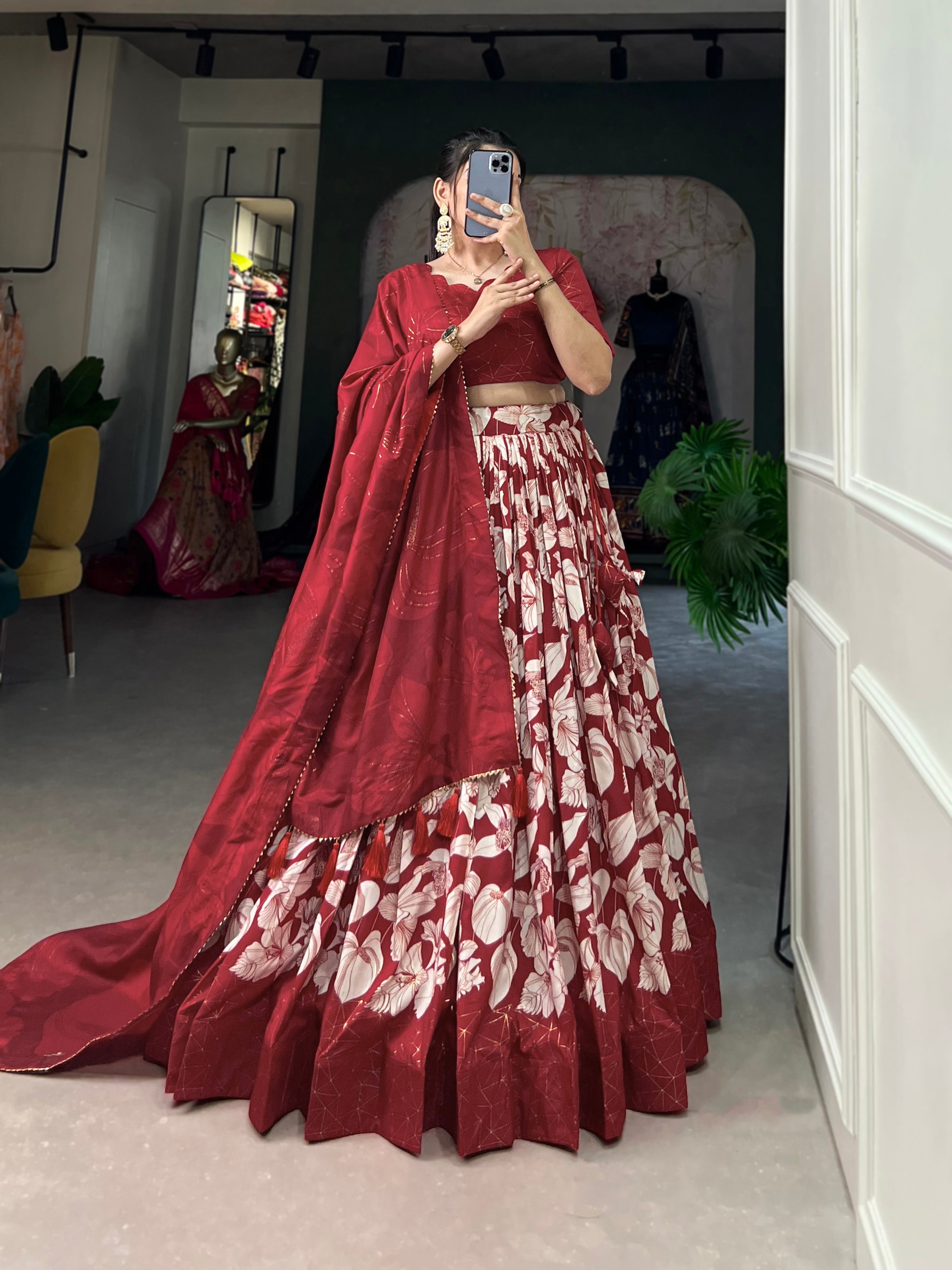 Red Tasar silk floral foil print lehenga choli with tassel dupatta