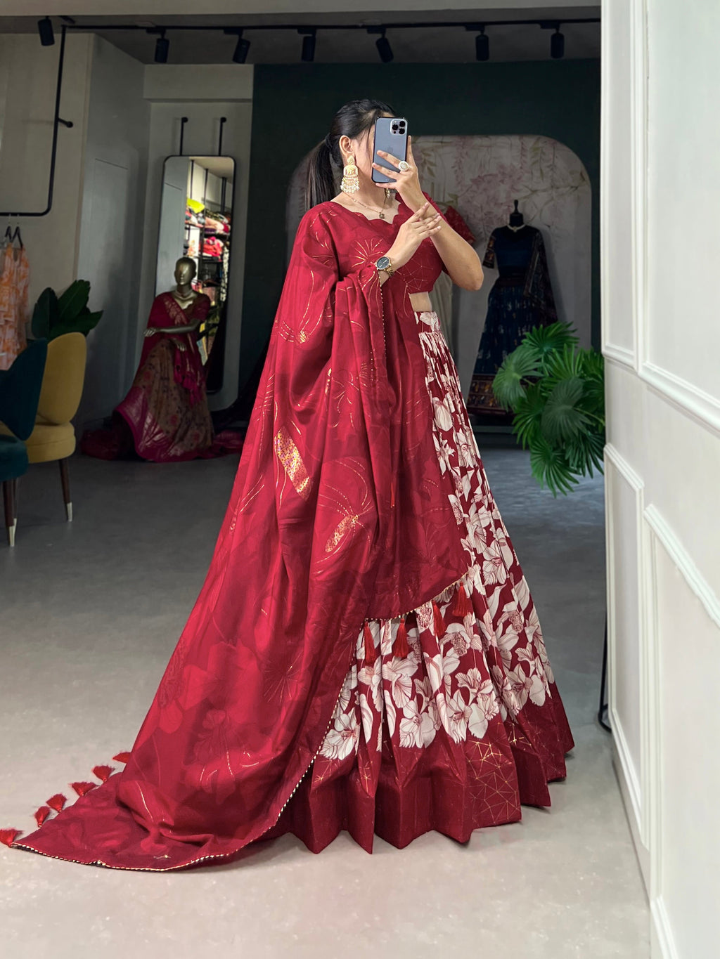 Red Tasar silk floral foil print lehenga choli with tassel dupatta