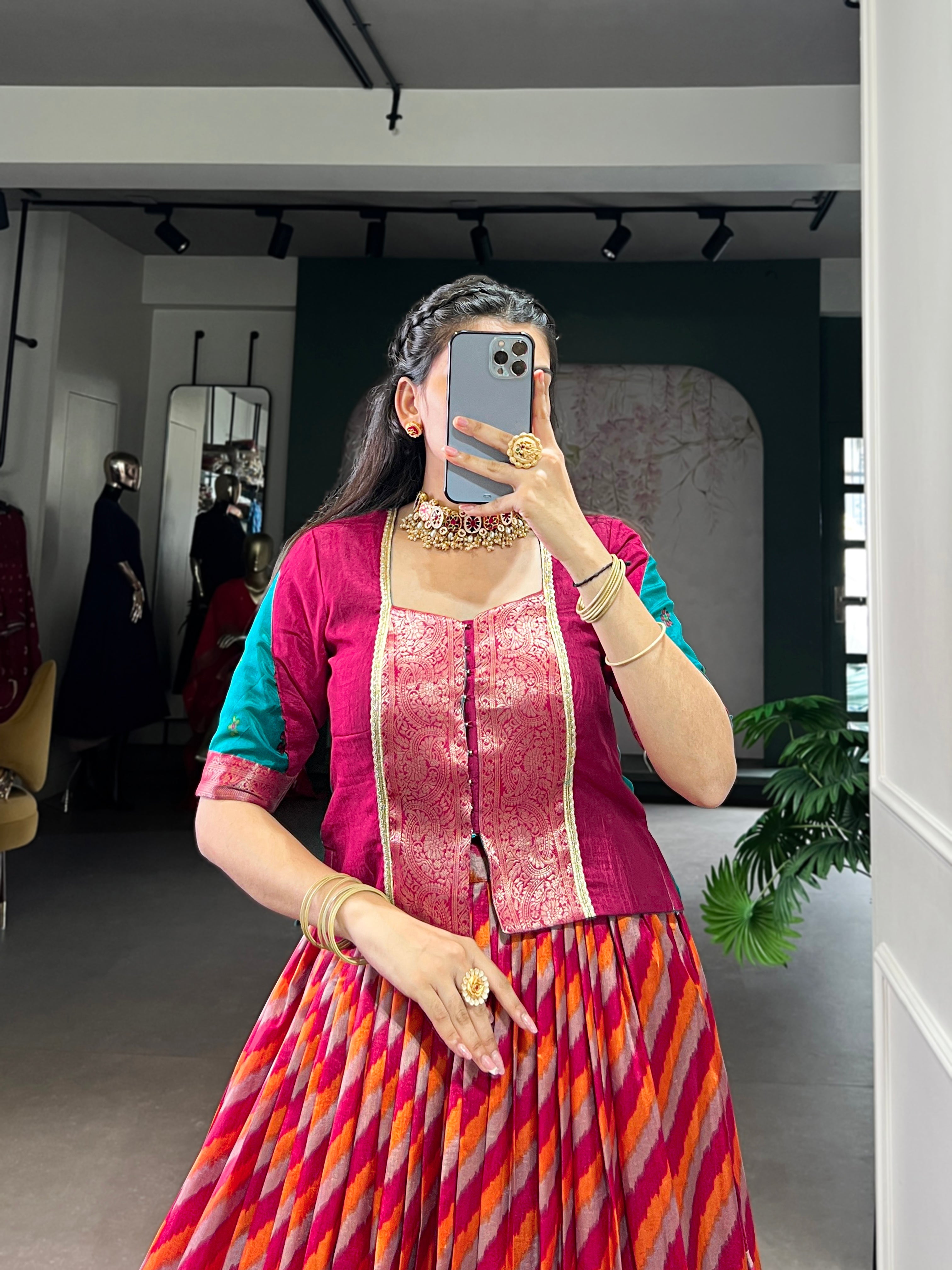 Red Color Tasar Silk Leheriya Print Zari Weaving Lehenga with Blouse