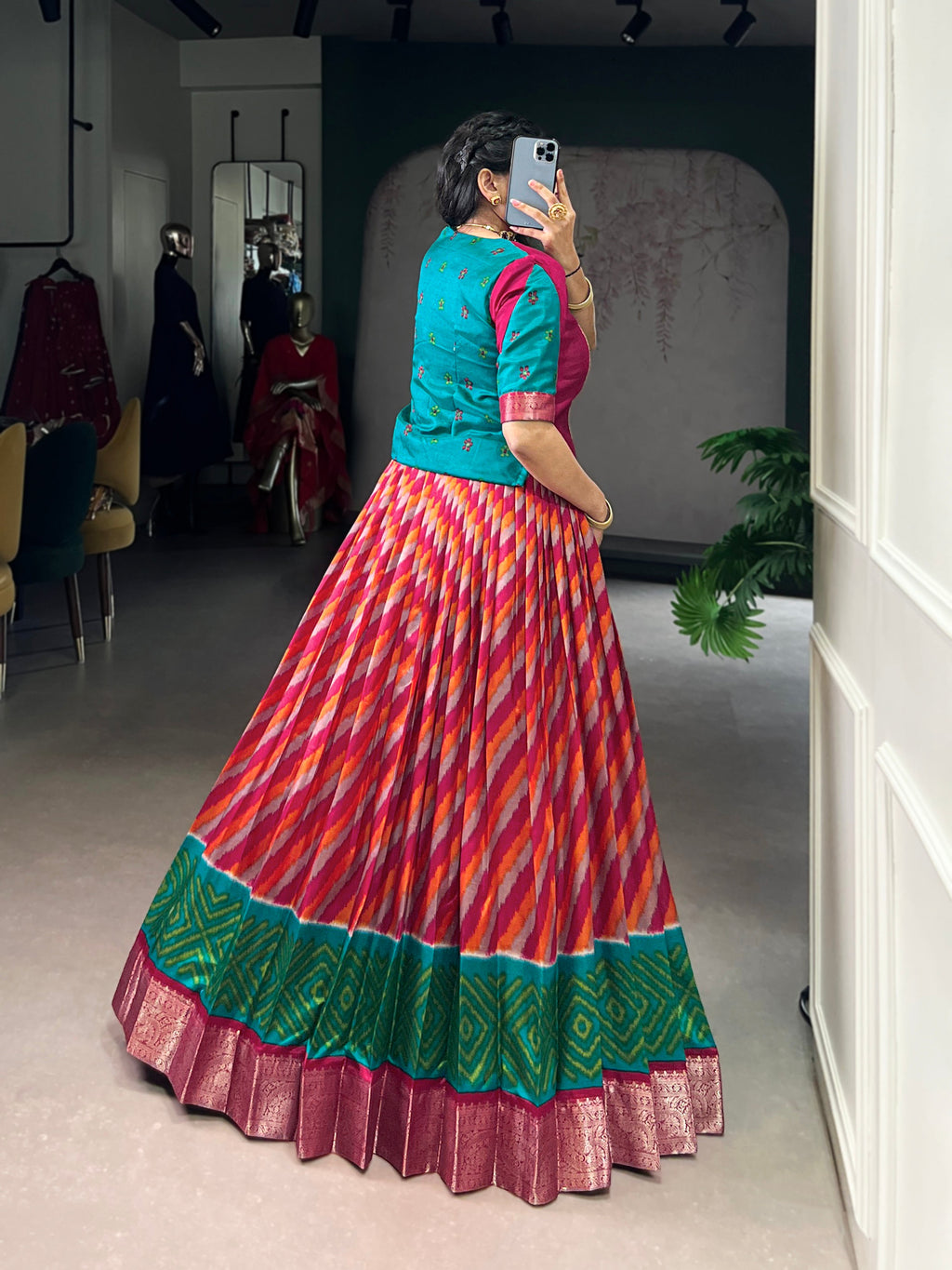 Red Color Tasar Silk Leheriya Print Zari Weaving Lehenga with Blouse
