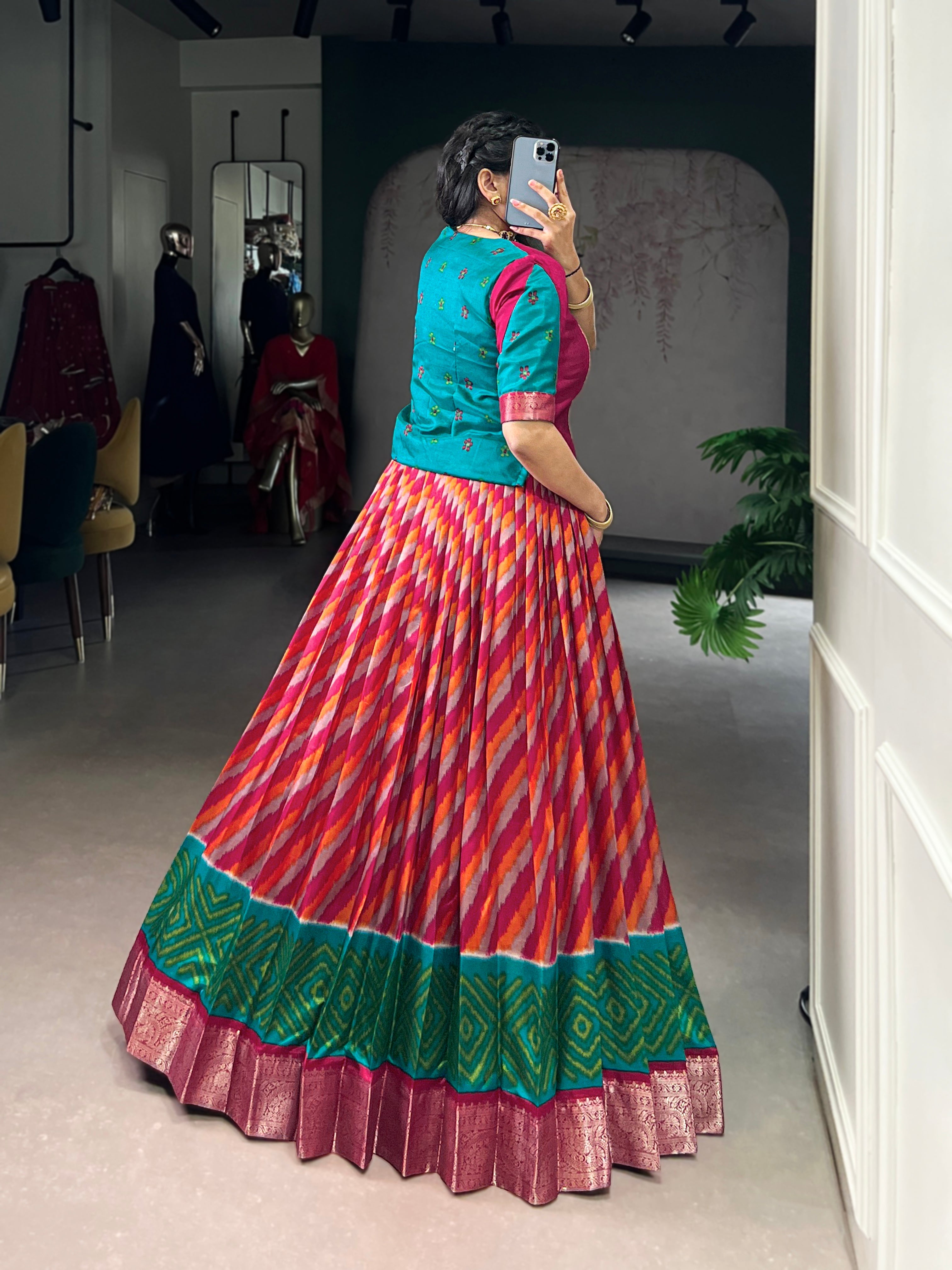 Red Color Tasar Silk Leheriya Print Zari Weaving Lehenga with Blouse