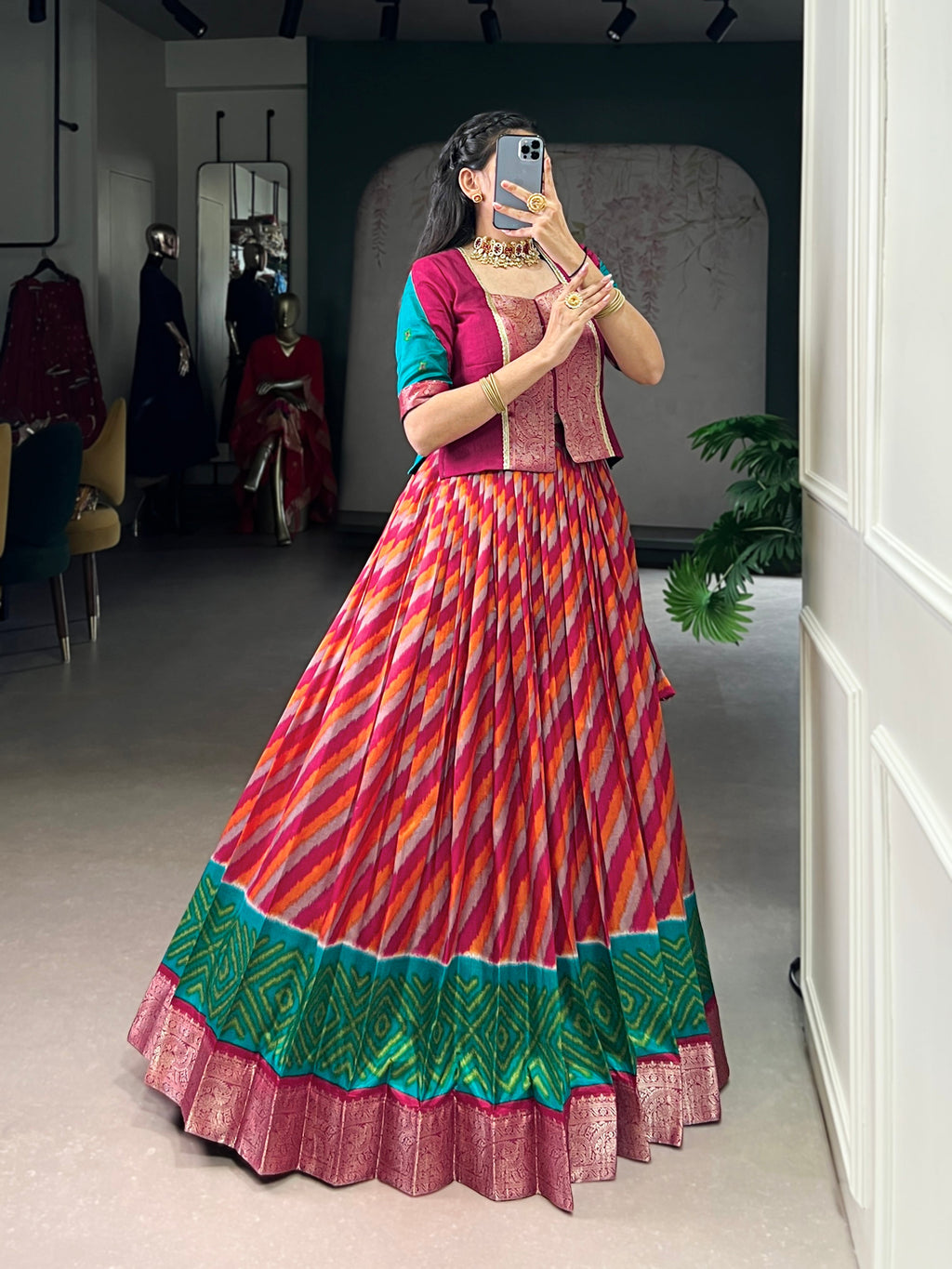 Red Color Tasar Silk Leheriya Print Zari Weaving Lehenga with Blouse