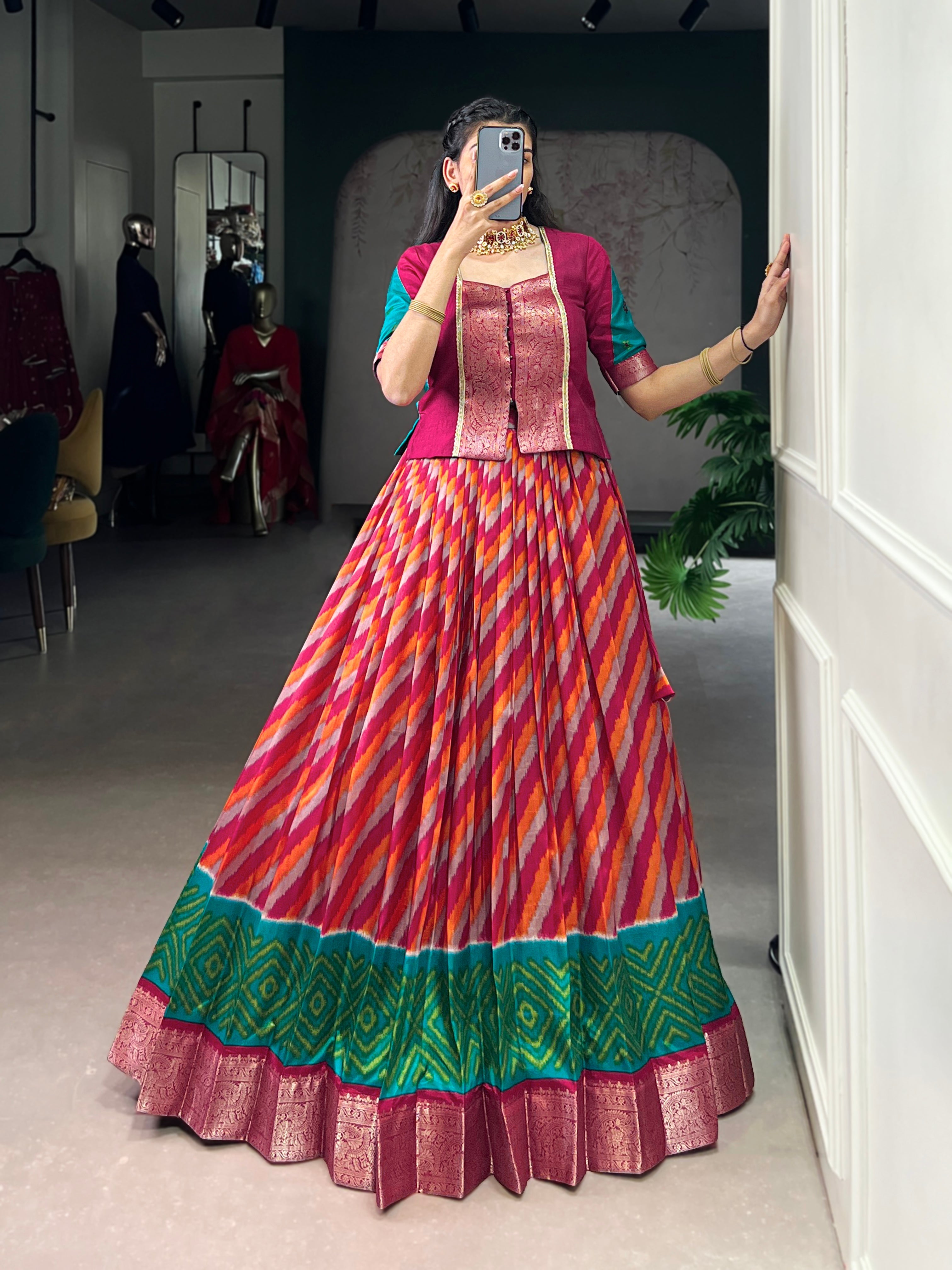 Red Color Tasar Silk Leheriya Print Zari Weaving Lehenga with Blouse