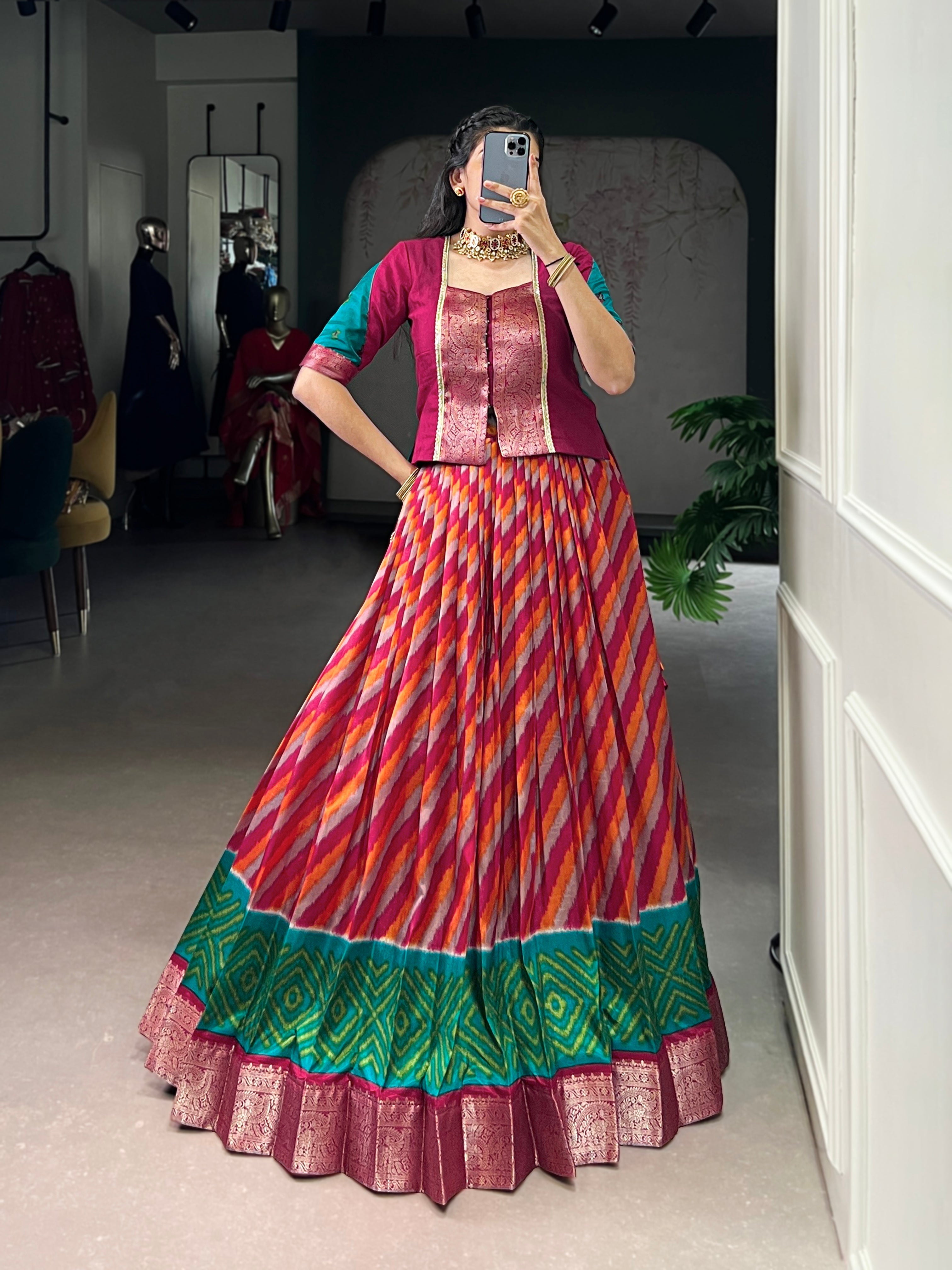 Red Color Tasar Silk Leheriya Print Zari Weaving Lehenga with Blouse